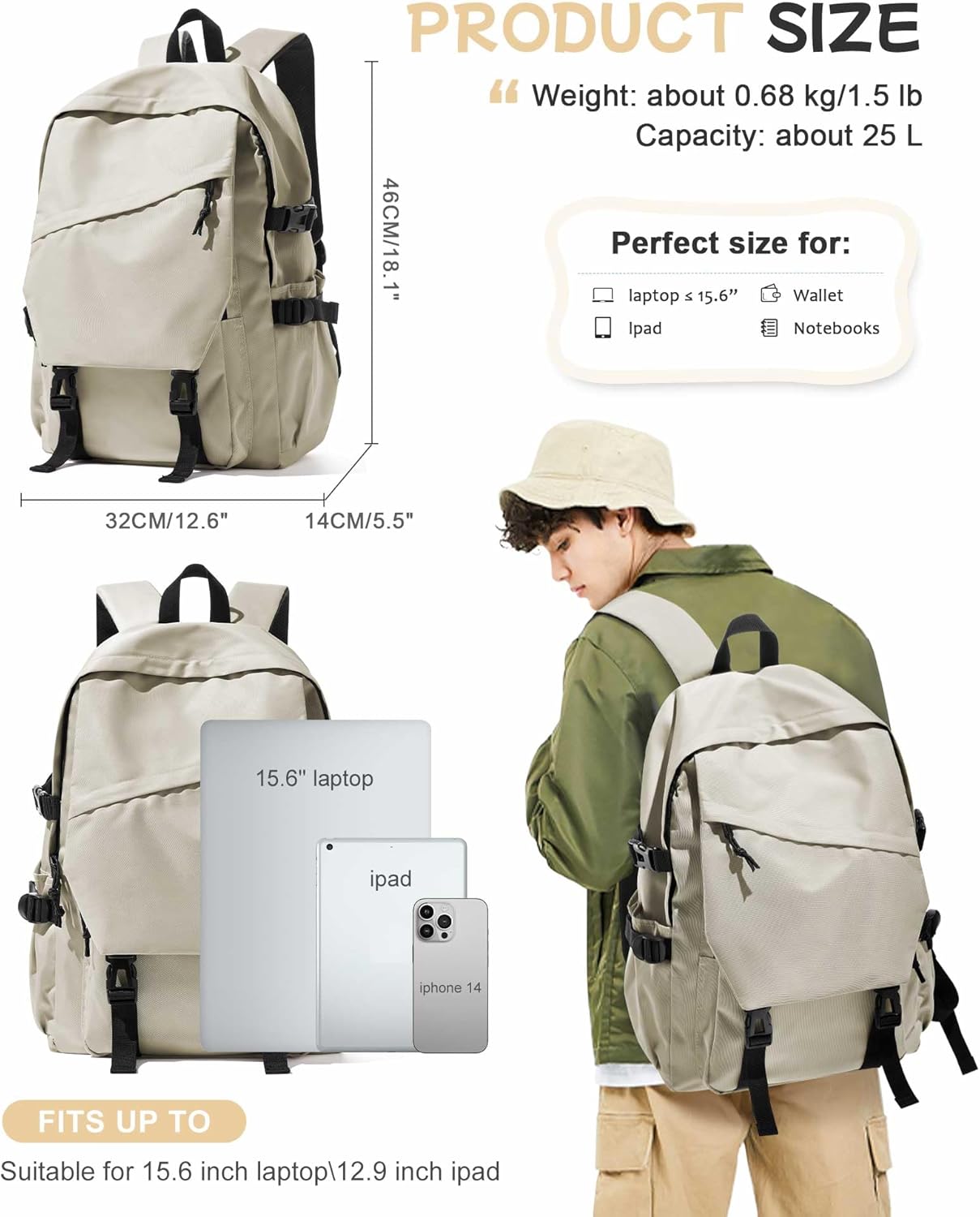 Khaki School Backpack for Teens Middle High School Backpack Large