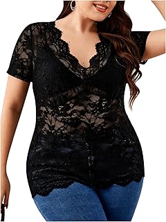 OYOANGLE Women's Plus Size Short Sleeve Floral Lace Blouse Mesh V Neck Slim Tee Shirt Top