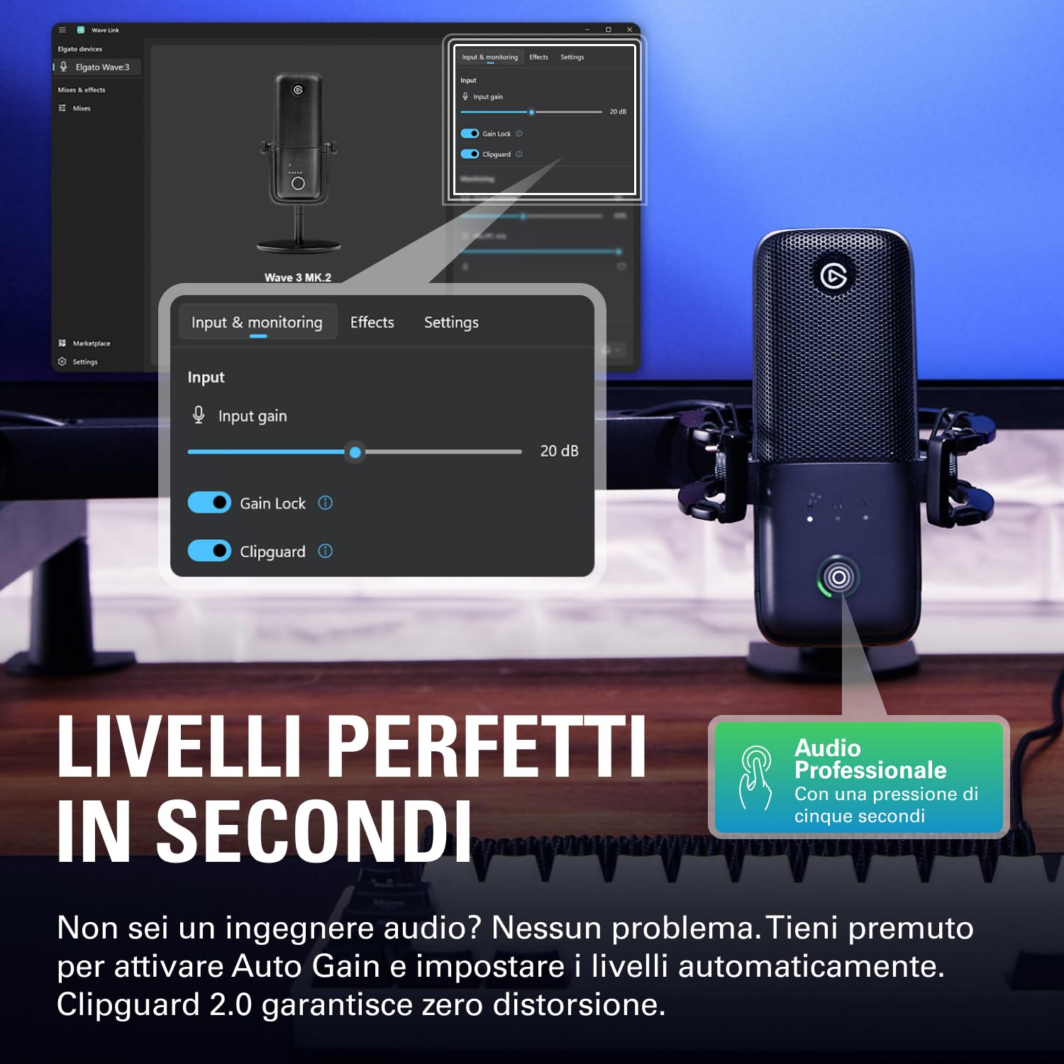 Elgato Wave:3 MK.2 – Microfono a condensatore USB premium per streaming e podcasting con Wave FX Processor, DSP integrato, Clipguard 2.0 e VST inserts – Funziona su PC e Mac