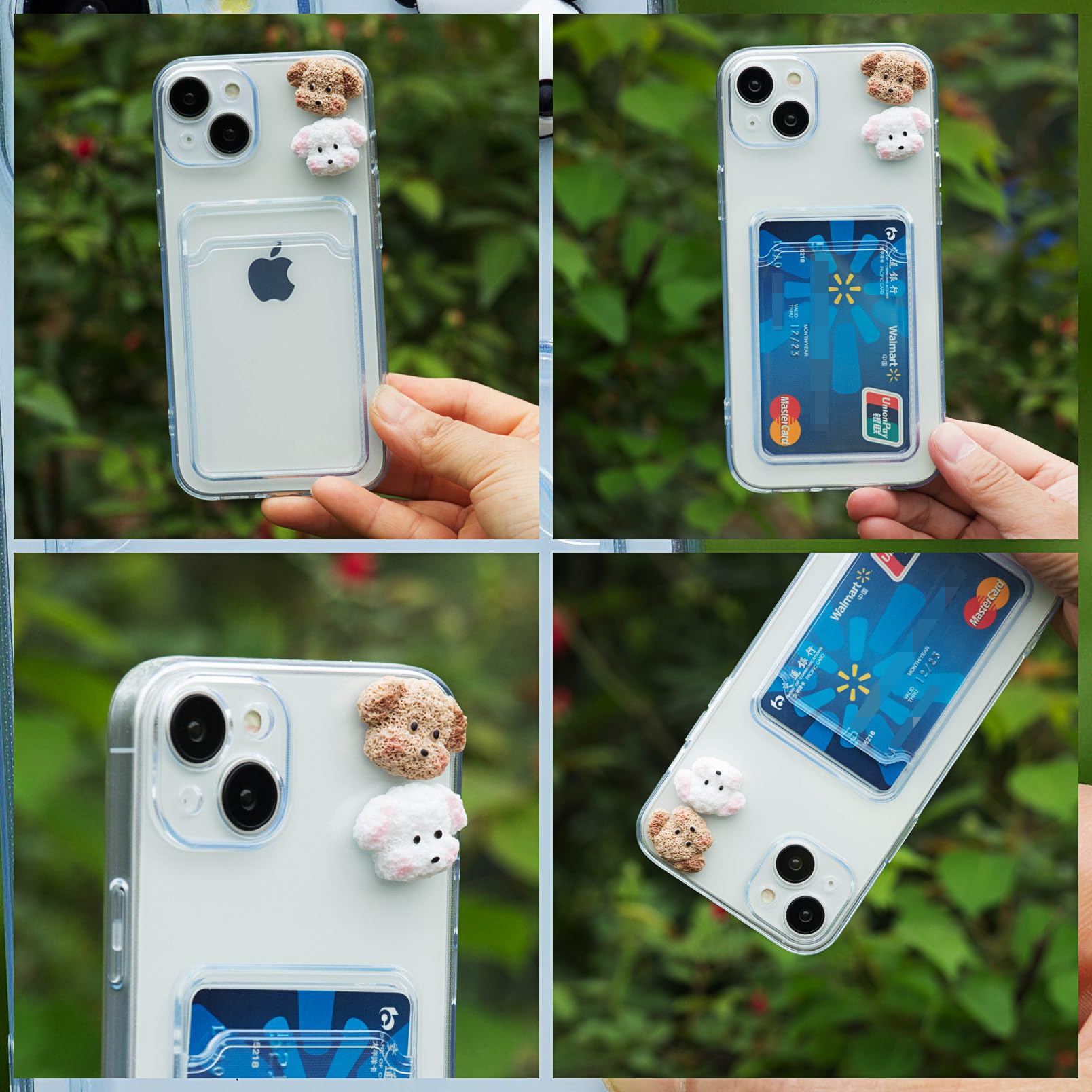 Chengyuanfeng Cover Trasparente per iPhone 13 con Porta Carte, Custodia Ultra-Sottile 1,5 mm in TPU Antigiallo Antiurto, Minimalista con 3D Cagnolino Applicato a Mano, per Viaggi, Serate e Caffè