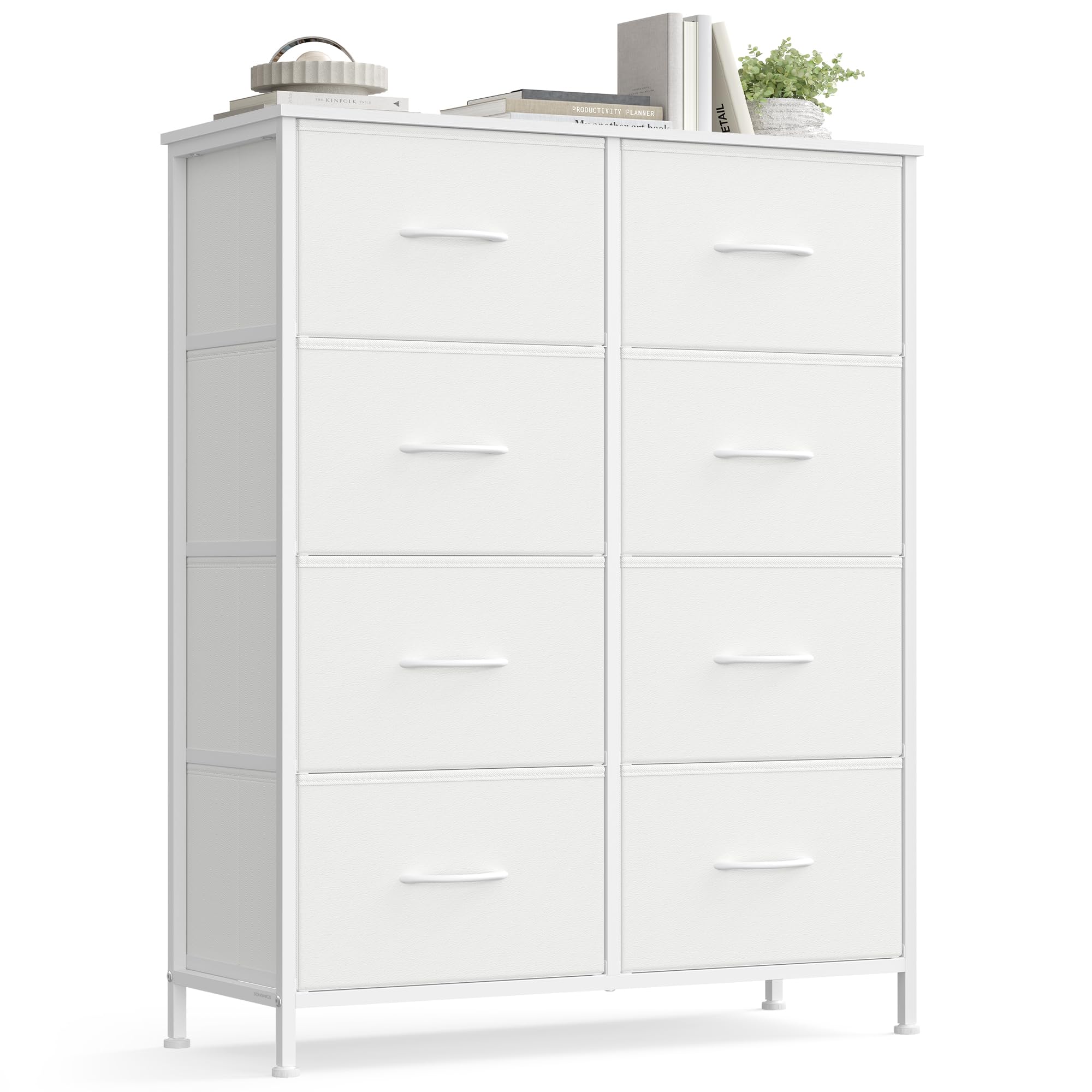 SONGMICS BELLAH Colección - Cómoda, 8 Cajones de Tela, Acero, MDF, Tela no Tejida, para Dormitorio, Armario, Pasillo, Salón, Blanco Nube y Blanco Nieve LGS124WH01