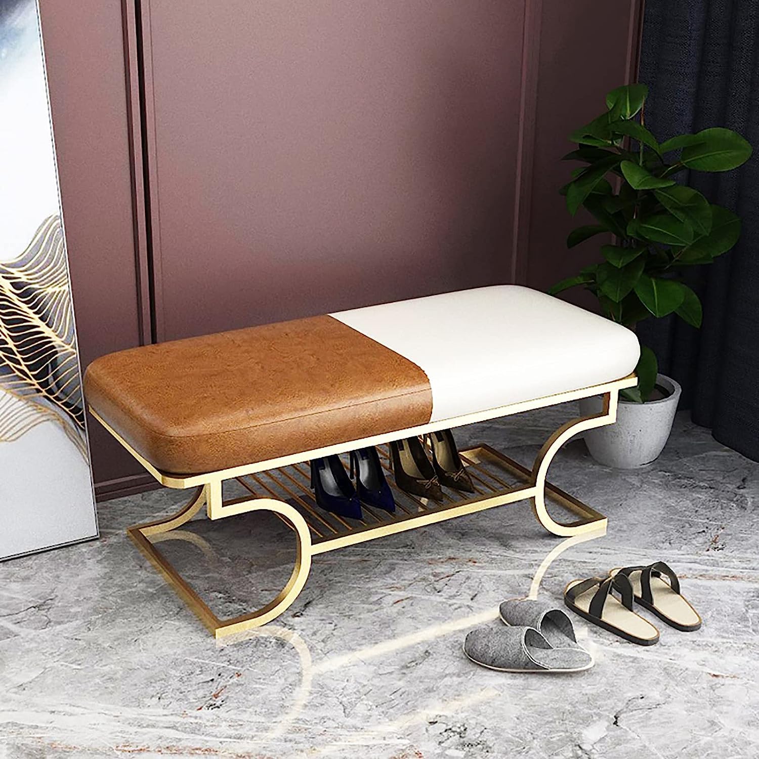 Banc à chaussures nordique en simili cuir 80cm avec étagère de rangement moderne pour entrée