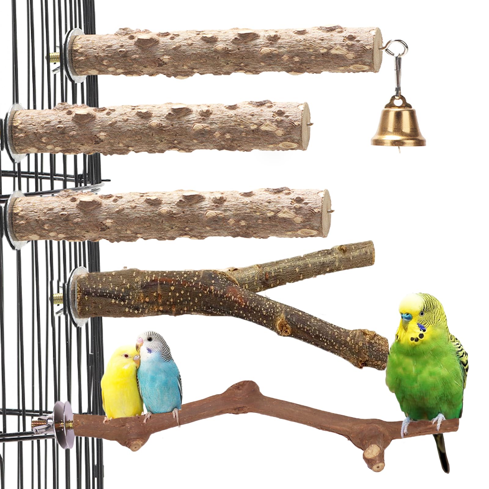 Honicemar Wooden Birdcage Perches Parrot Stand Set, 5 PCS Bird Cage Accessories with Multi-Branch Perch, Straight Perch