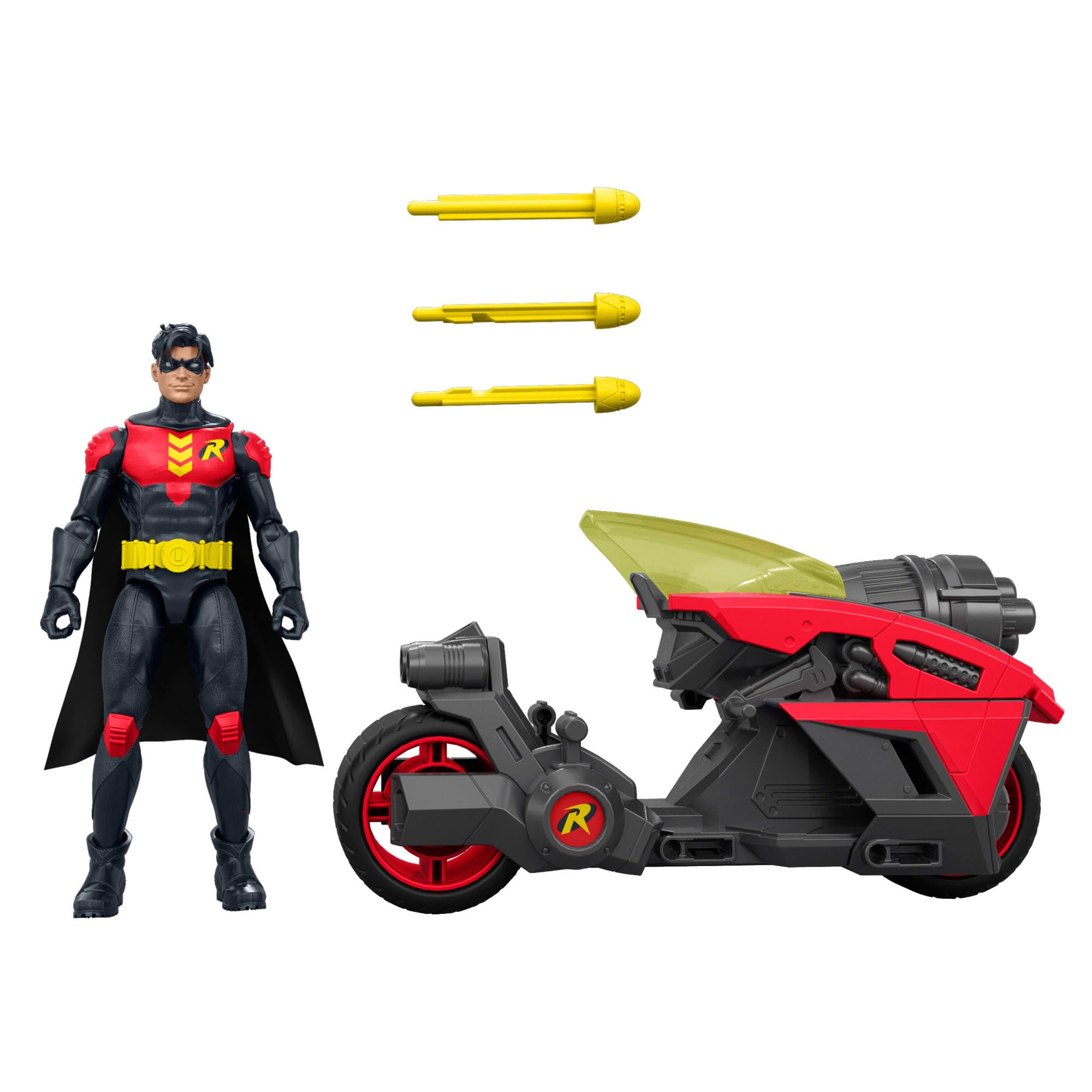 Mattel DC Premier 16,5 cm große Robin-Figur mit Motorrad inklusive Projektilen und exklusiver Deko, Batlink-Motorrad mit Robin-Figur, JMD51