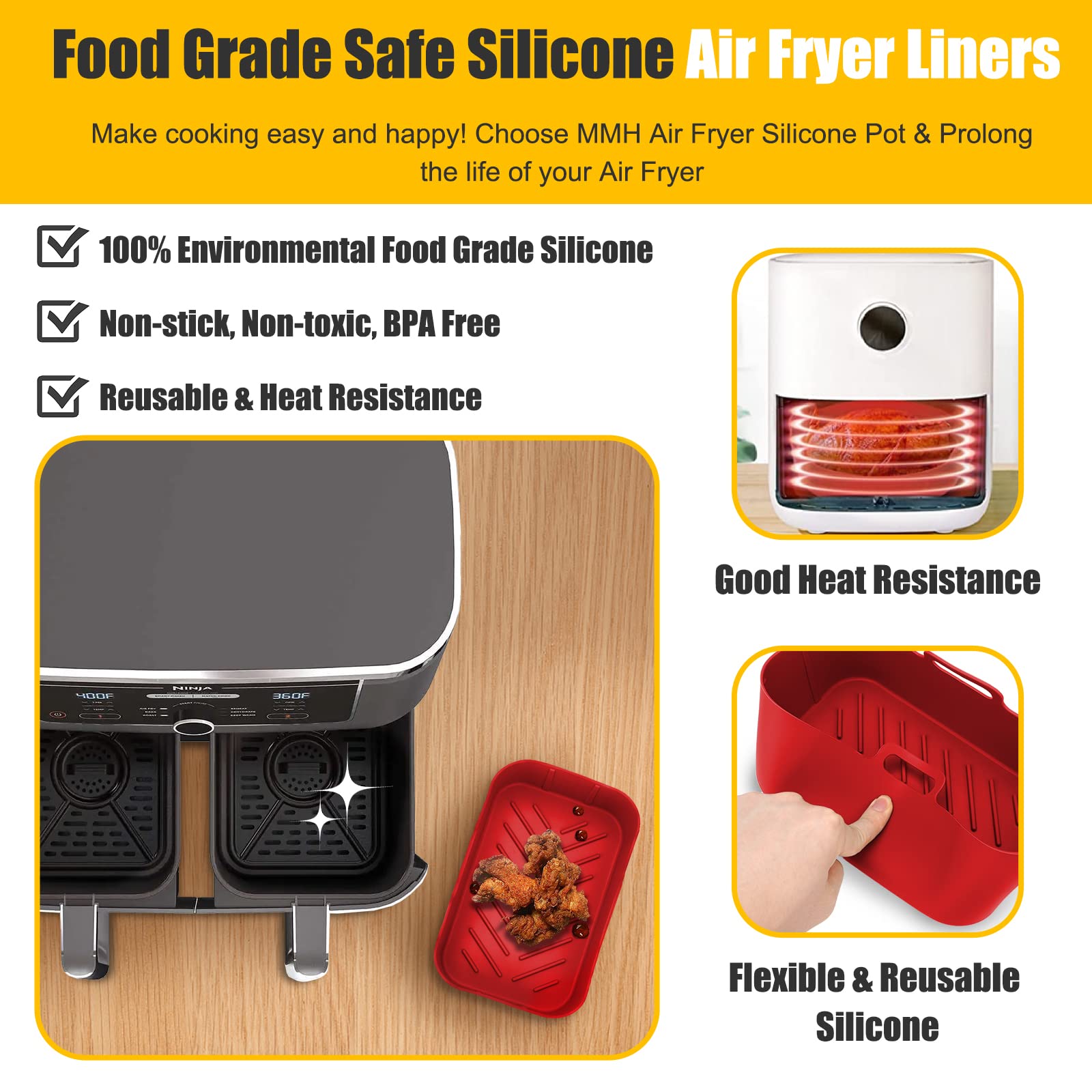 10QT Air Fryer Silikoneinlagen, MMH 2 Stück rechteckige Airfryer Silikontopf Backblech Wiederverwendbarer Ersatzkorb Einsatz für Ninja DZ401/DZ550,Antihaftbeschichtung,lebensmittelecht,rot