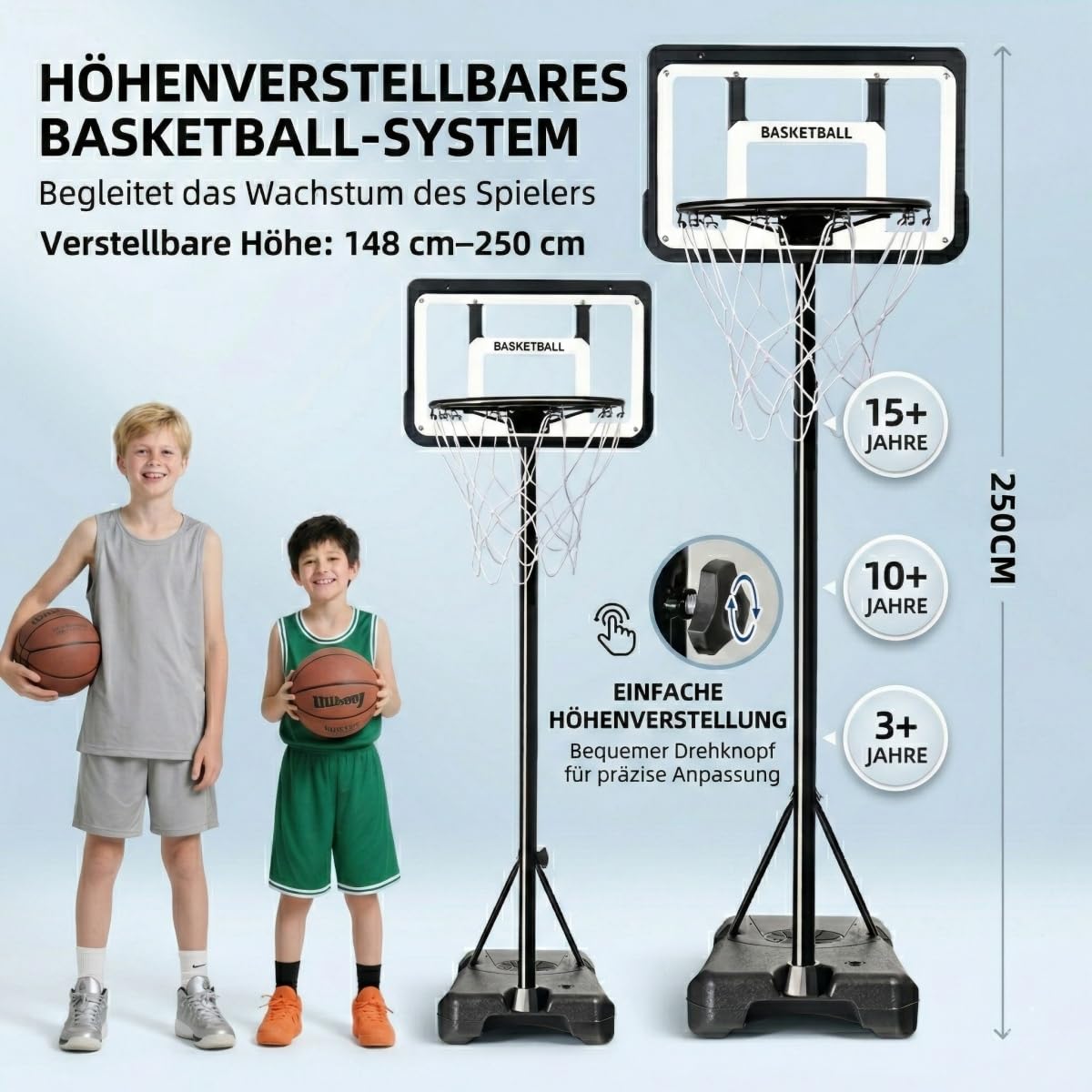 Canasta de baloncesto para exteriores con pelota de baloncesto y bomba de aire, altura ajustable de 148 a 250 cm, base rellenable para mayor estabilidad, canasta de baloncesto móvil para exteriores
