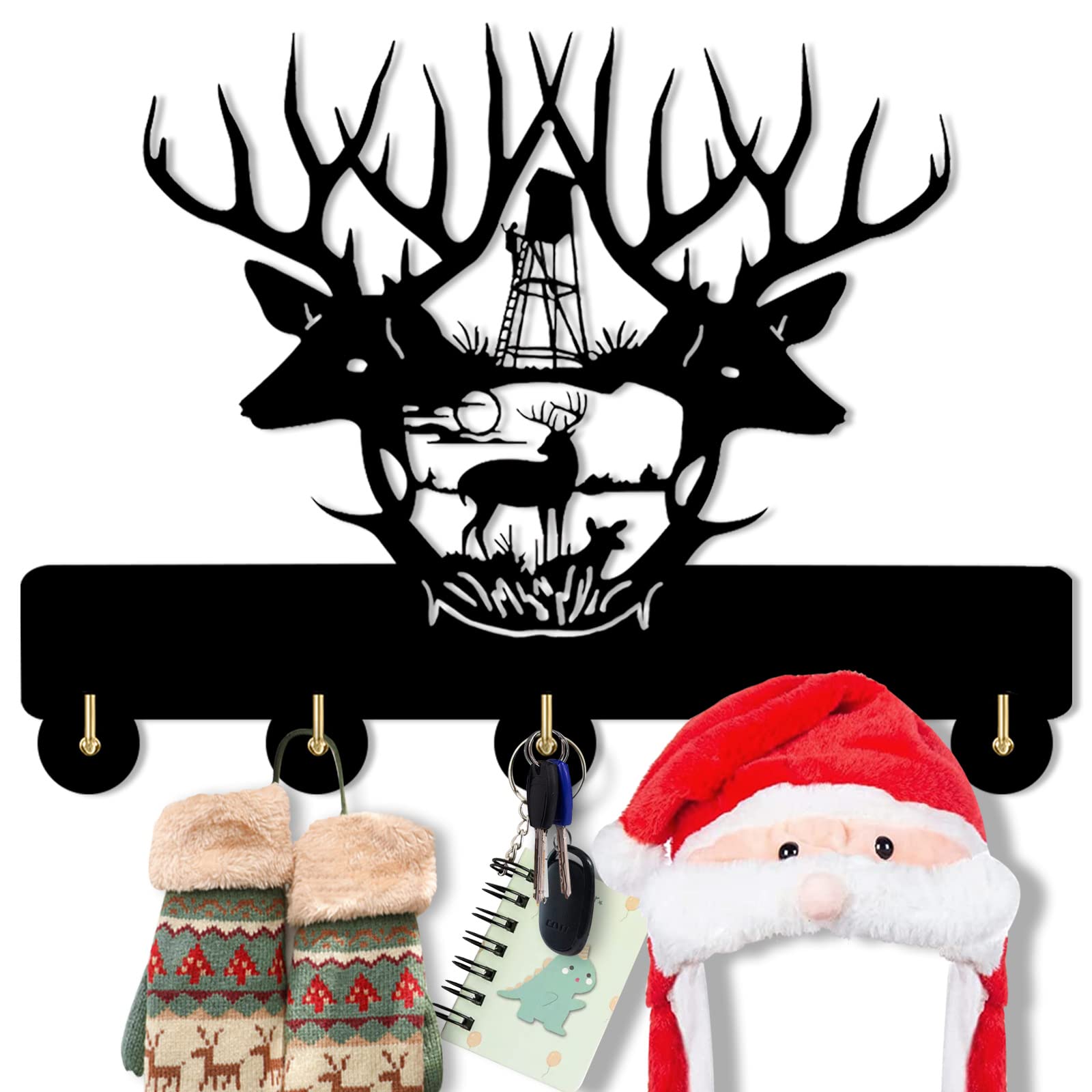 KingLiveKey Hangers for Wall , Deer Key Hooks for Wall,Black Wooden Antlers Key Holder with 5 Metal Key Rack Organizer for Wall Decorative with Screws and Anchors