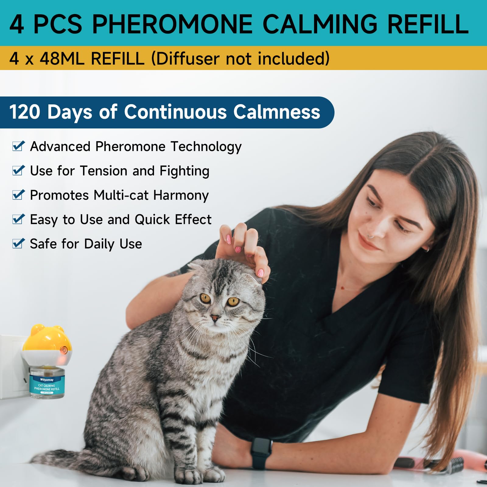 Cat Calming Diffuser Refills - 4 Pack Cat Pheromones Calming Diffuser for Cat Anxiety Relief, Cat Pheromone Diffuser, 120 Days Pheromone Diffuser to Calm Cats, Fits All Common Diffuser Heads - image 2
