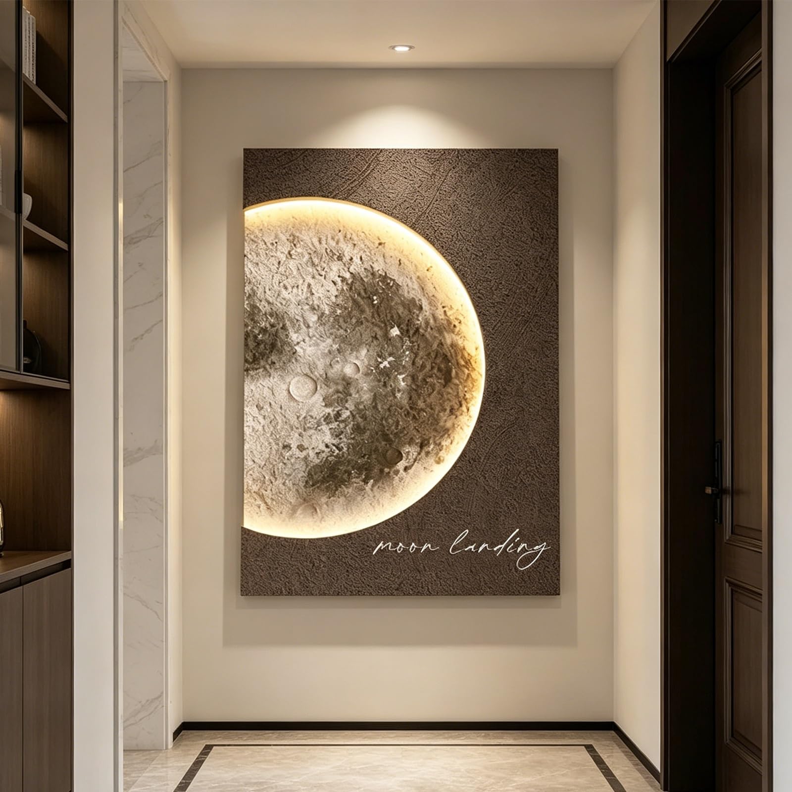 SYXHJTFZ Modern Elegant Moon Sandstone Wall Art Borderless Decor, Large Celestial Lunar Prints Warm Plug-in LED Light Remote Control for Living Room Apartment Indoor Space(C,80 * 120cm/31.5 * 47.2in)