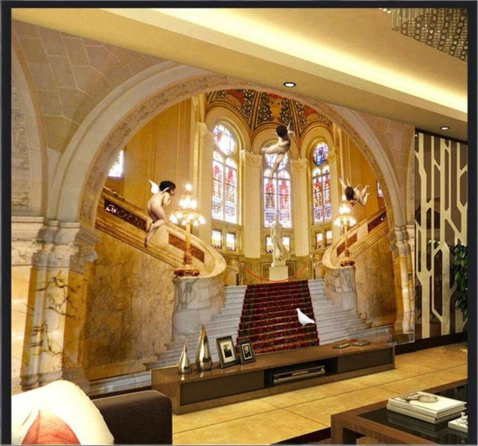 Wallpaper-3D-Xlm 200Cm×140Cm(B×H) Three Dimensional Gold Luxury Palace Angel 3D Wallpaper Easy Install Feature Office Living Room Sofa Bedroom Tv Background Wall Decoration-200Cm×140Cm