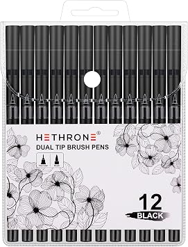 Hethrone Black Coloring Markers (Pack of 12) | Brush Pens with Felt Tips,Smooth ink flow, quick-drying,ideal for drawing,journaling