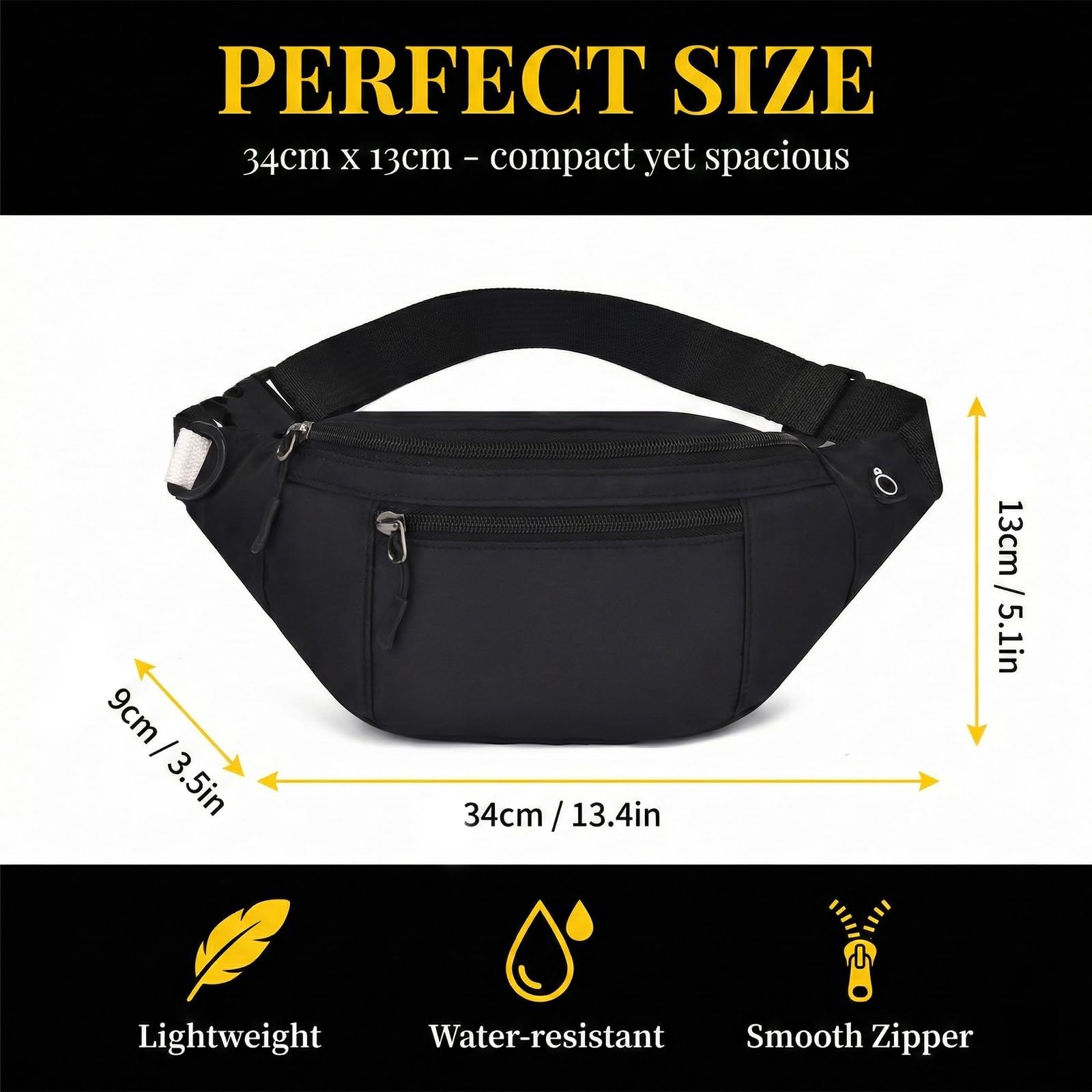 Sac Banane Noir Imperméable à Bandoulière Ajustable, pour Voyage Shopping et Quotidien