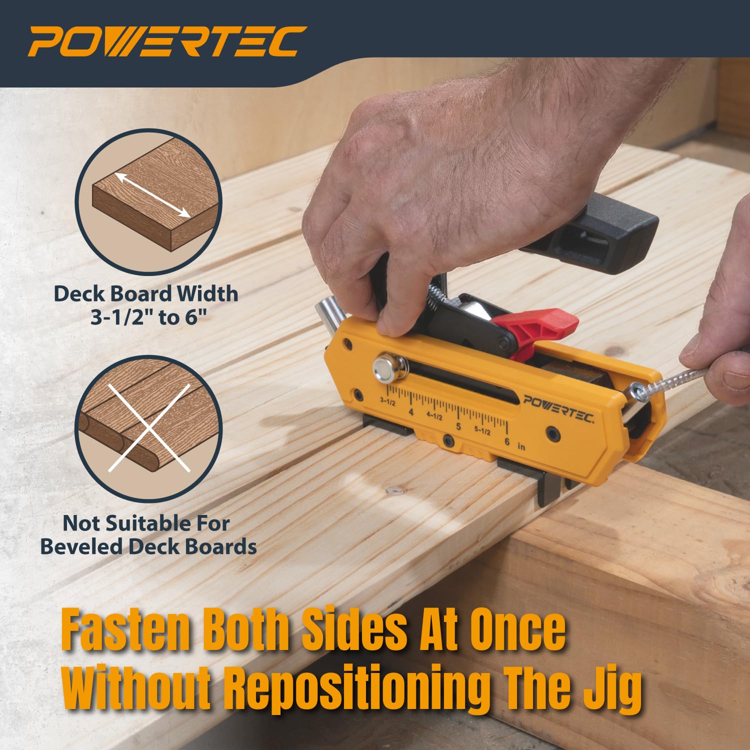 POWERTEC Gabarit de vis de terrasse avec 3 options d'espacement des planches et embout Torx T15, outil de fixation cachée pour terrasse en bois et composite (72184)