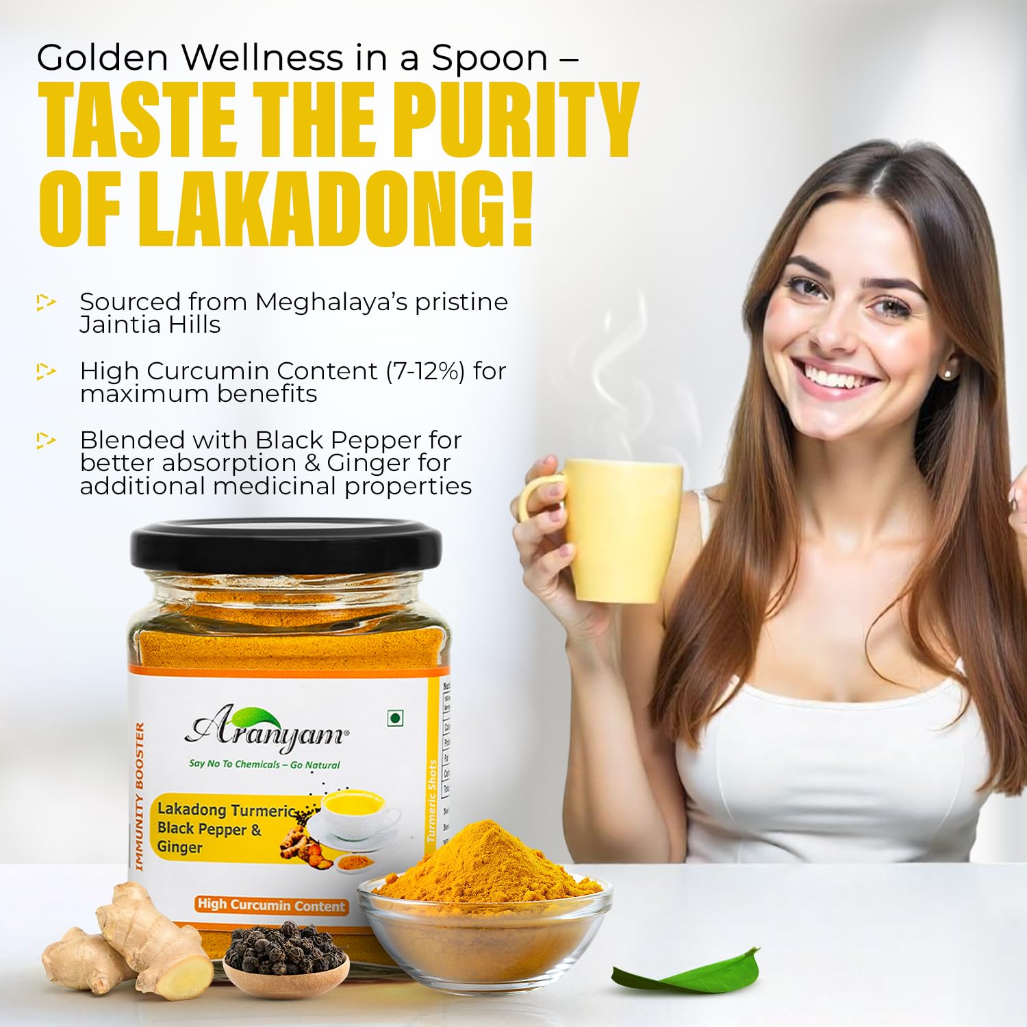 Aranyam Lakadong Turmeric Drink Mix - 100g | Infused with Black Pepper & Ginger - High Curcumin (7-12%) | Haldi Powder for Golden Milk, Latte, Herbal Tea & Health Drinks | Lakadong Turmeric Powder from Meghalaya 1