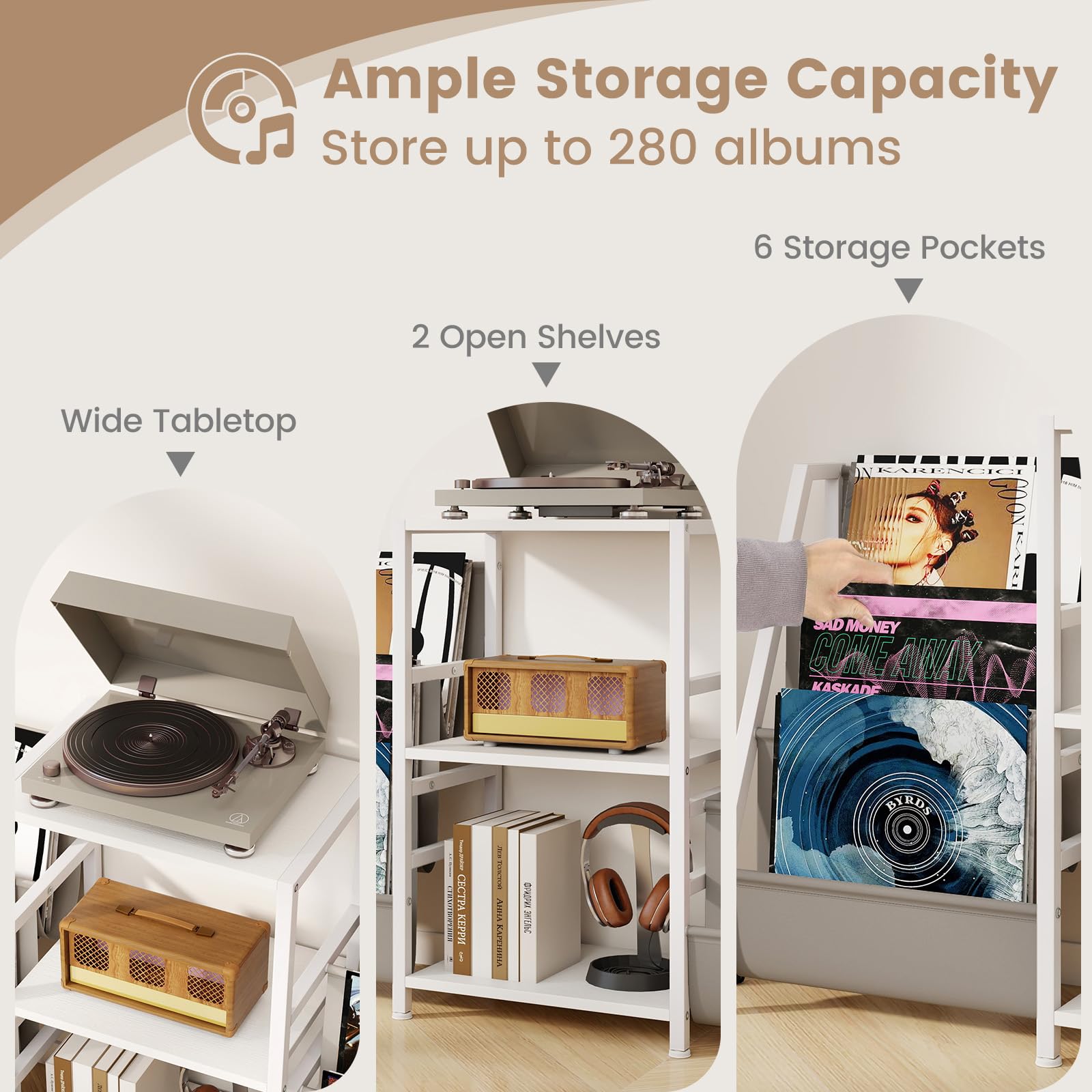 GIANTEX Soporte para Tocadiscos con 3 Estantes Abiertos y 6 Bolsillos de Almacenamiento, Combinación Flexible, Estantería para Discos de Vinilo, 125x30x69cm, Mueble para Salón, Dormitorio (Blanco)