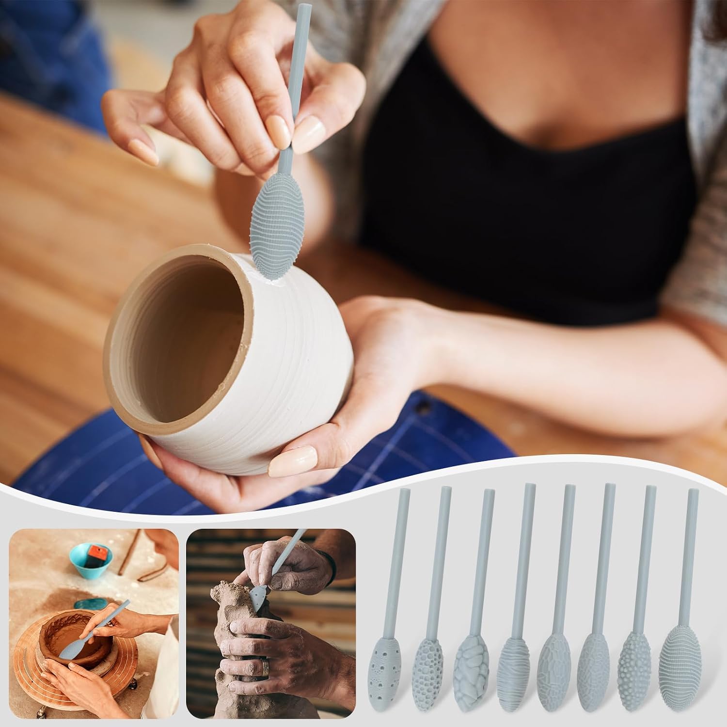 Clay Texture Roller for Art Projects Oval Clay Texture Roller Set with Modeling Tools Roller Stick Clay Bead Roller Tools for Art (Single Head 9pcs)