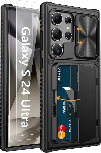 Vihibii for Samsung Galaxy S24 Ultra Case with HD Screen Protector, Black