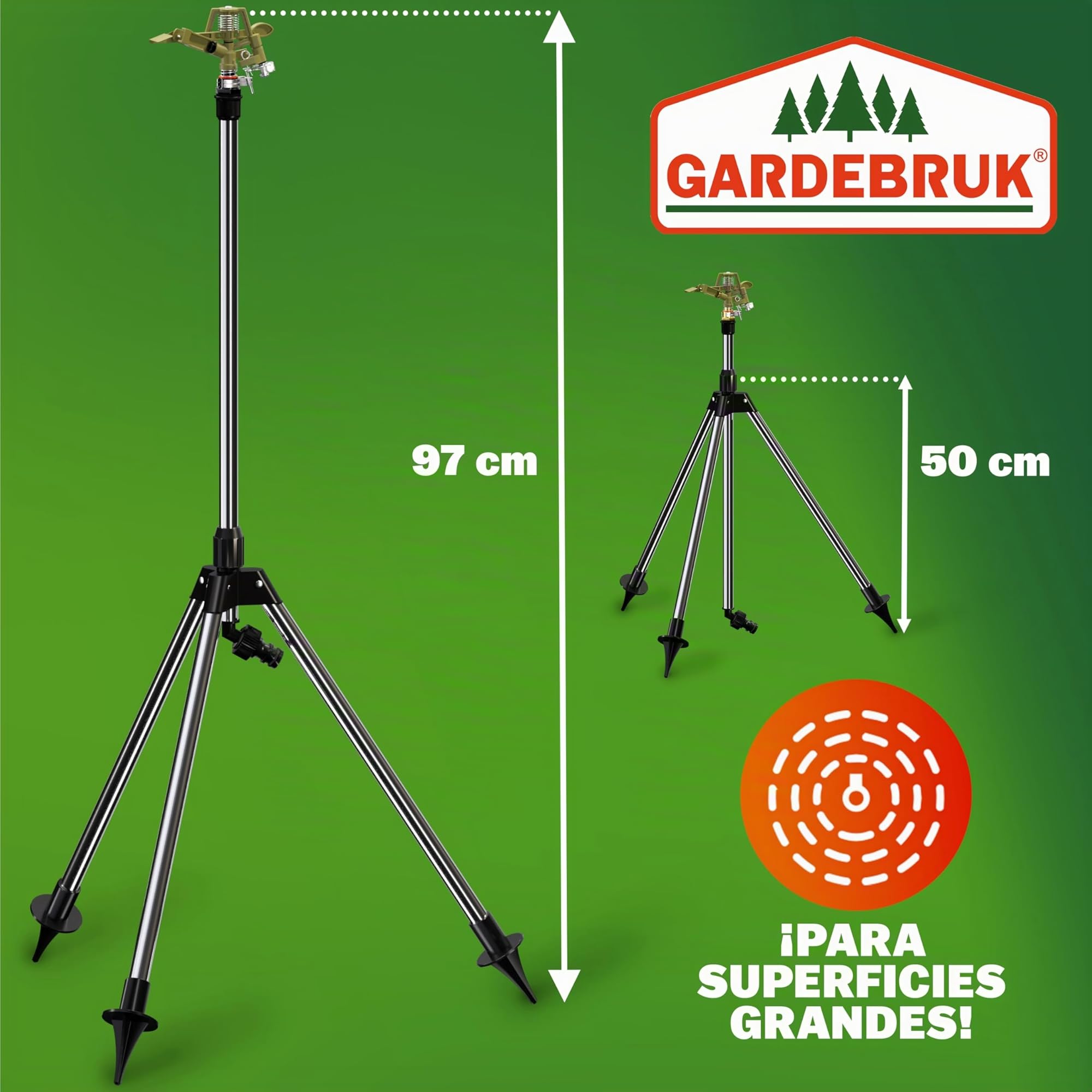 GARDEBRUK® Aspersor de Césped Trípode Telescópico 360° Alcance hasta 24m Altura Ajustable con Conectores de Manguera Sistema Riego Jardín Huerto