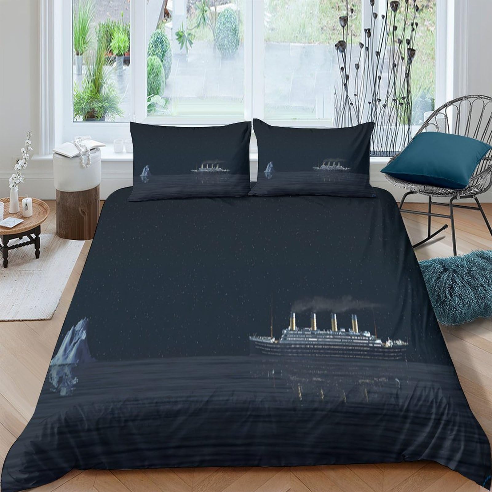 GPLZQXKJNH 3D Printed Titanic Night Sea Duvet Cover Microfiber Soft Breathable Ship Ocean Bedding Set with 2 Pillowcases for Bedroom Decor, Single（135x200cm）