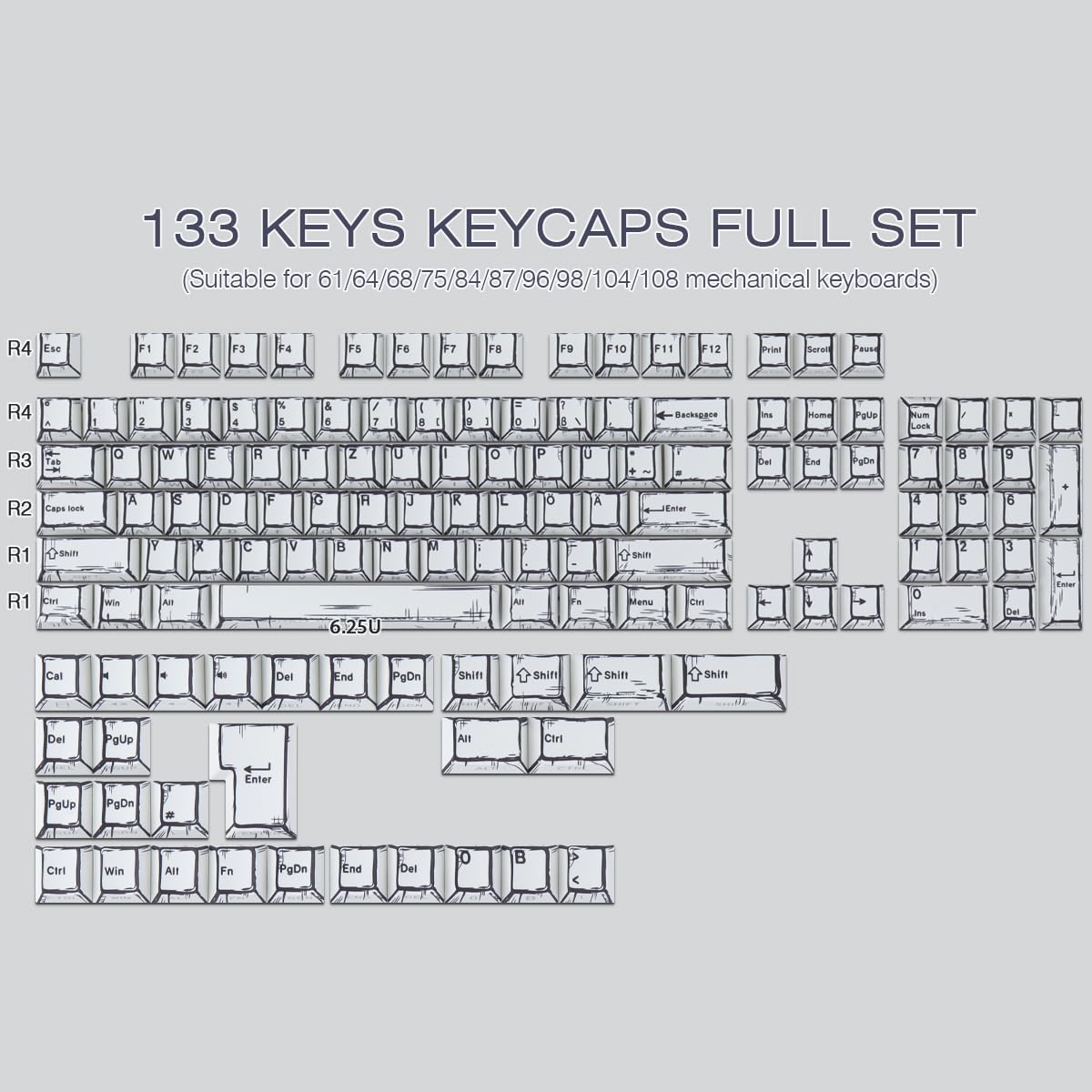 PBT German Keycaps, 128 Keys Manga White Keycap, Retro Style Side Printed Shine Through Dye Sub Keycap for Cherry MX Switch ISO QWERTZ Layout Meccanical Keyboards