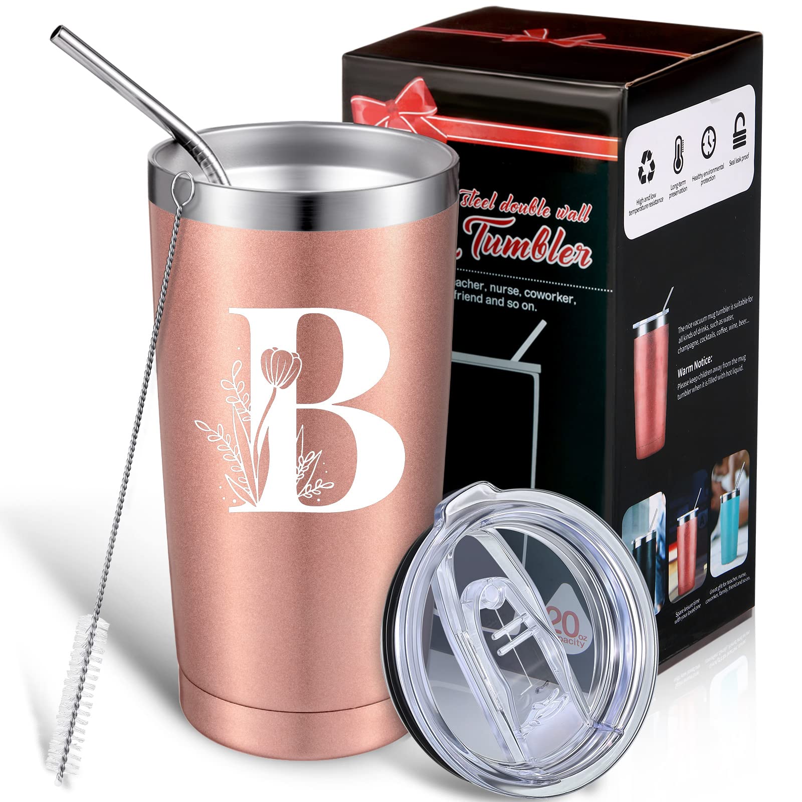 Thenshop Personalized Initial Mug Tumbler 20oz, Monogrammed Travel Mug with Gift Box for Wedding Birthday Graduation Party, Birthday Christmas Gifts for Women Mom Sisters Teacher Coworker (B)