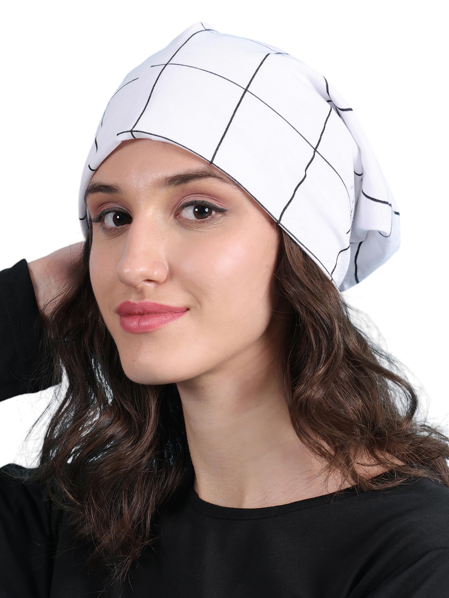Cotton Check Printed White Cap for Women-MACK639947-image-23