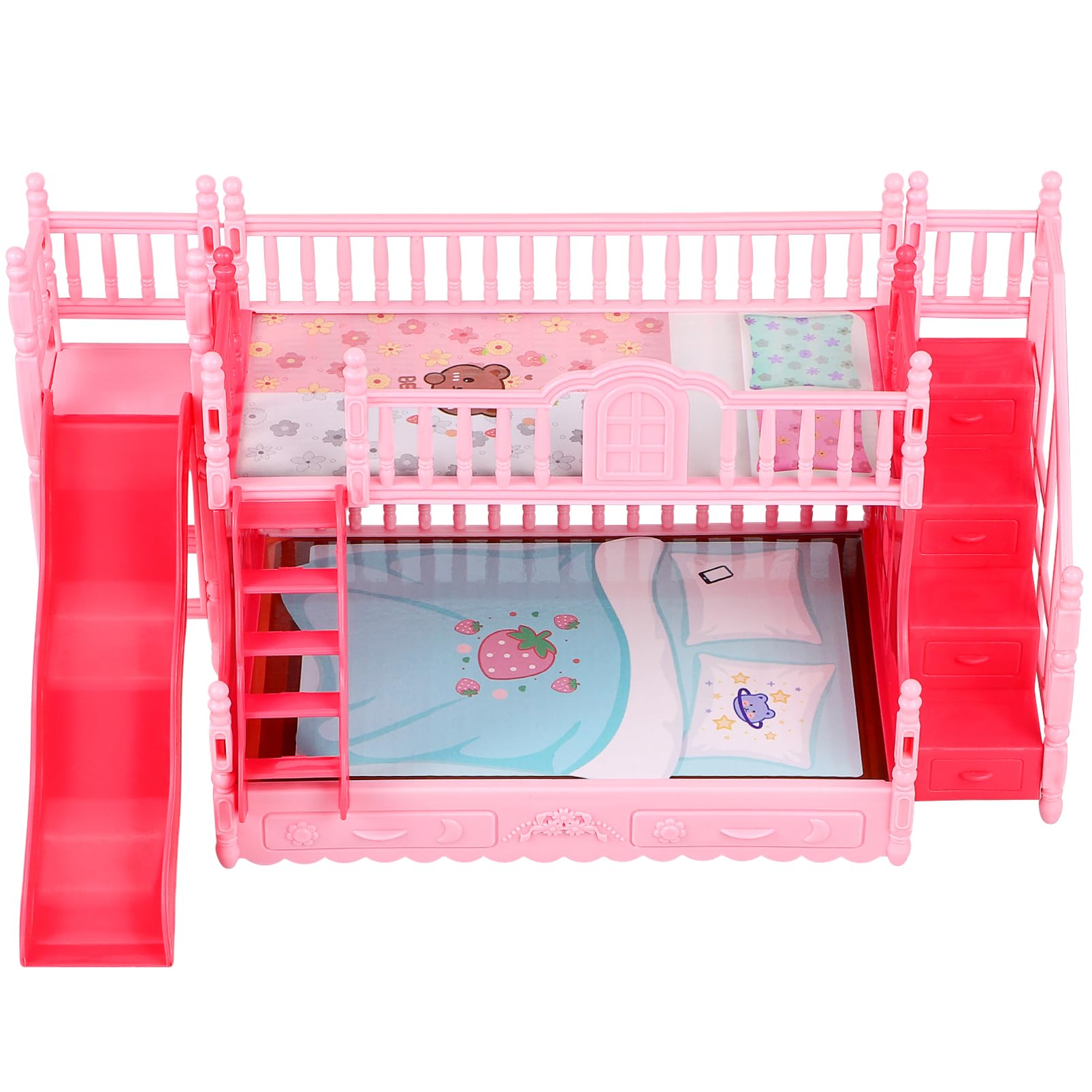 NUOBESTY Miniature Doll Bunk Bed with Slide, Pink ABS, 27.5 x 15 x 14 cm, Pretend Play Doll House Furniture for Girls