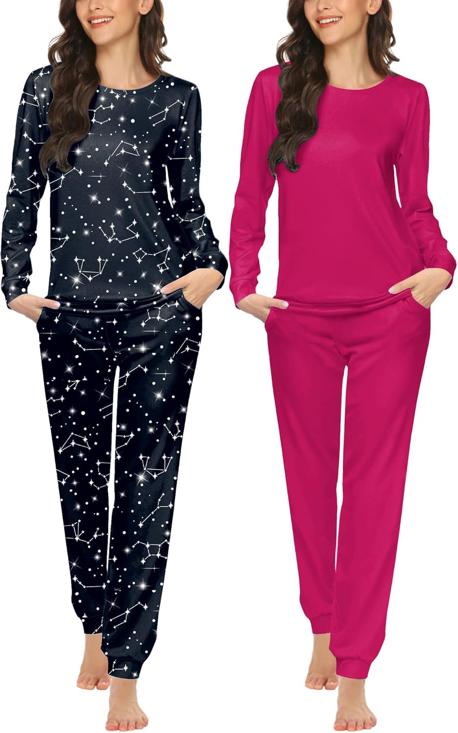Ekouaer 2 Pack Women's Pajama Set Long Sleeve Top With Jogger Pants Lounge Sets Sleepwear Loungewear with Pockets