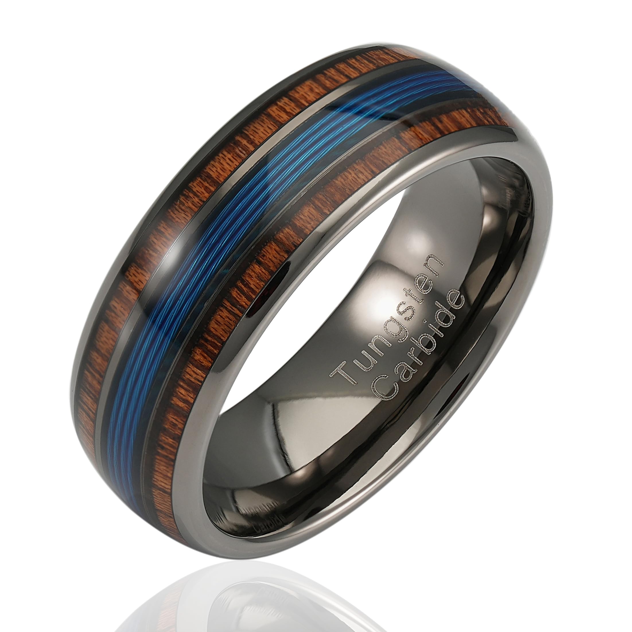 100S JEWELRY Engraved Personalized Gunmetal Blue Fishing Line Koa Wood Inlay Tungsten Rings For Men Wedding Promise Band Size 6-16