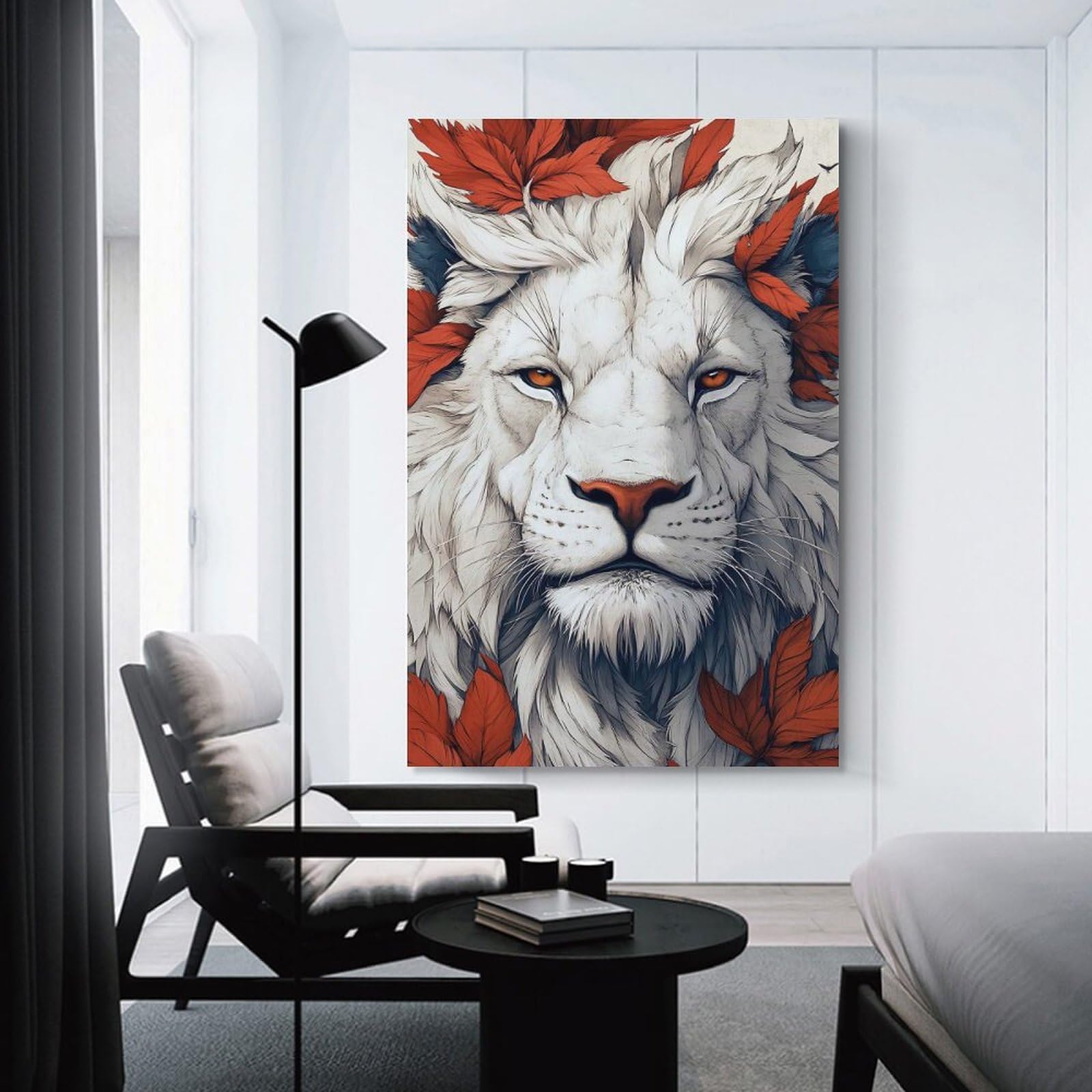 Junmoney White Lion with Autumn Leaves Portrait Canvas Wall Art 12x18inch(30x45cm), for Work Areas, Reading Rooms Or Studios, A Smart Decor Choice for Study Walls
