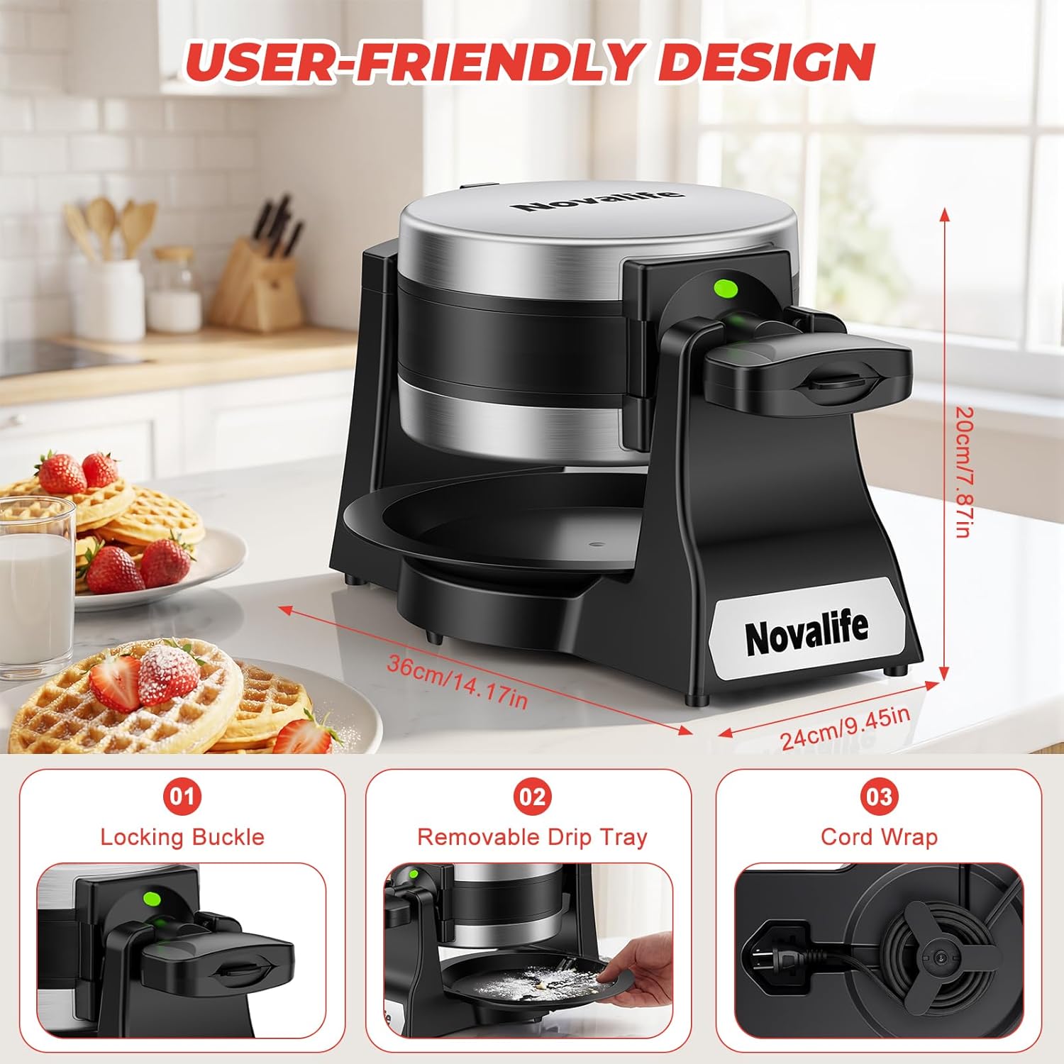 Waffle Maker, 1400W Belgian Waffle Maker, Double Waffle Iron 180° Flip, 8 Slices, Rotating & Nonstick Plates, Removable Drip Tray Easy to Clean, Locking Buckle & Cool Touch Handle, Stainless Steel