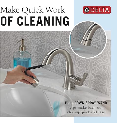 Miniatura 2 de Delta Faucet Stryke Lumicoat - Grifo de baño extraíble, grifo de baño de níquel cepillado de un solo orificio con rociador extraíble, grifo de