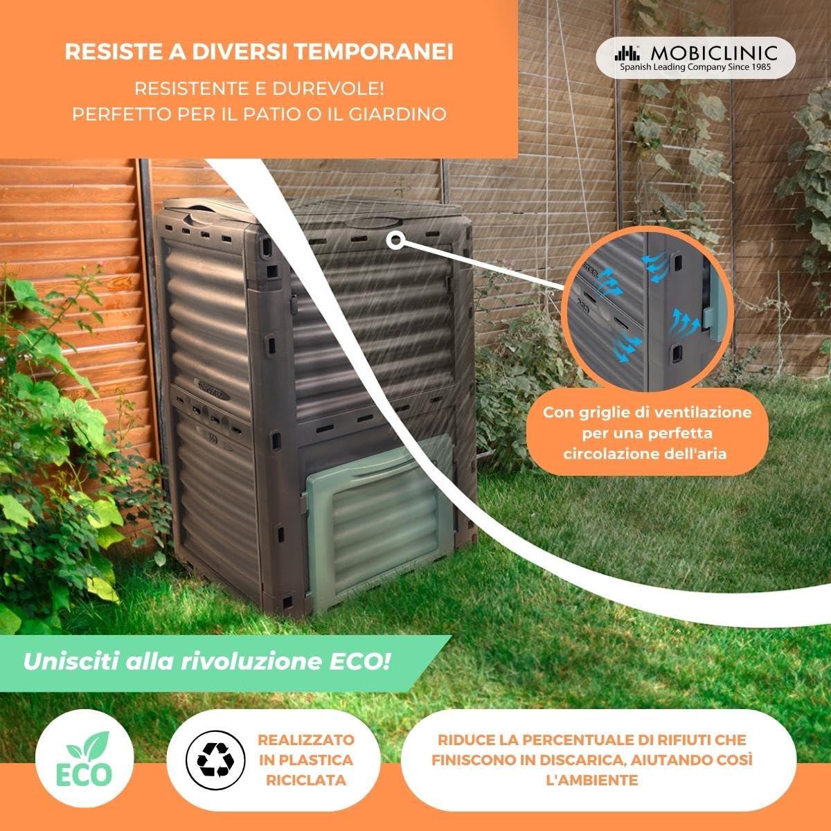 Mobiclinic®, Compostiera da giardino, Biopattumiera, Senza costi aggiuntivi, 300l, Ecologico, Trasformatore di rifiuti, Attrezzi, Griglie ventilazione, Plastica riciclata