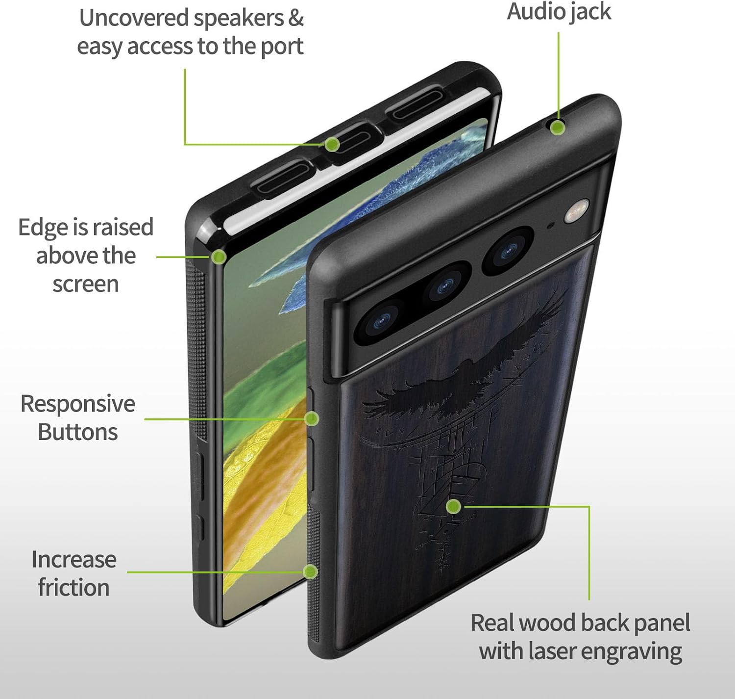 Carveit Wood Case for Pixel 7 Pro Case [Natural Wood & Black Soft TPU] Shockproof Protective Unique Wooden Cover Compatible with Google Pixel 7 Pro (Norse Symbols-Blackwood)