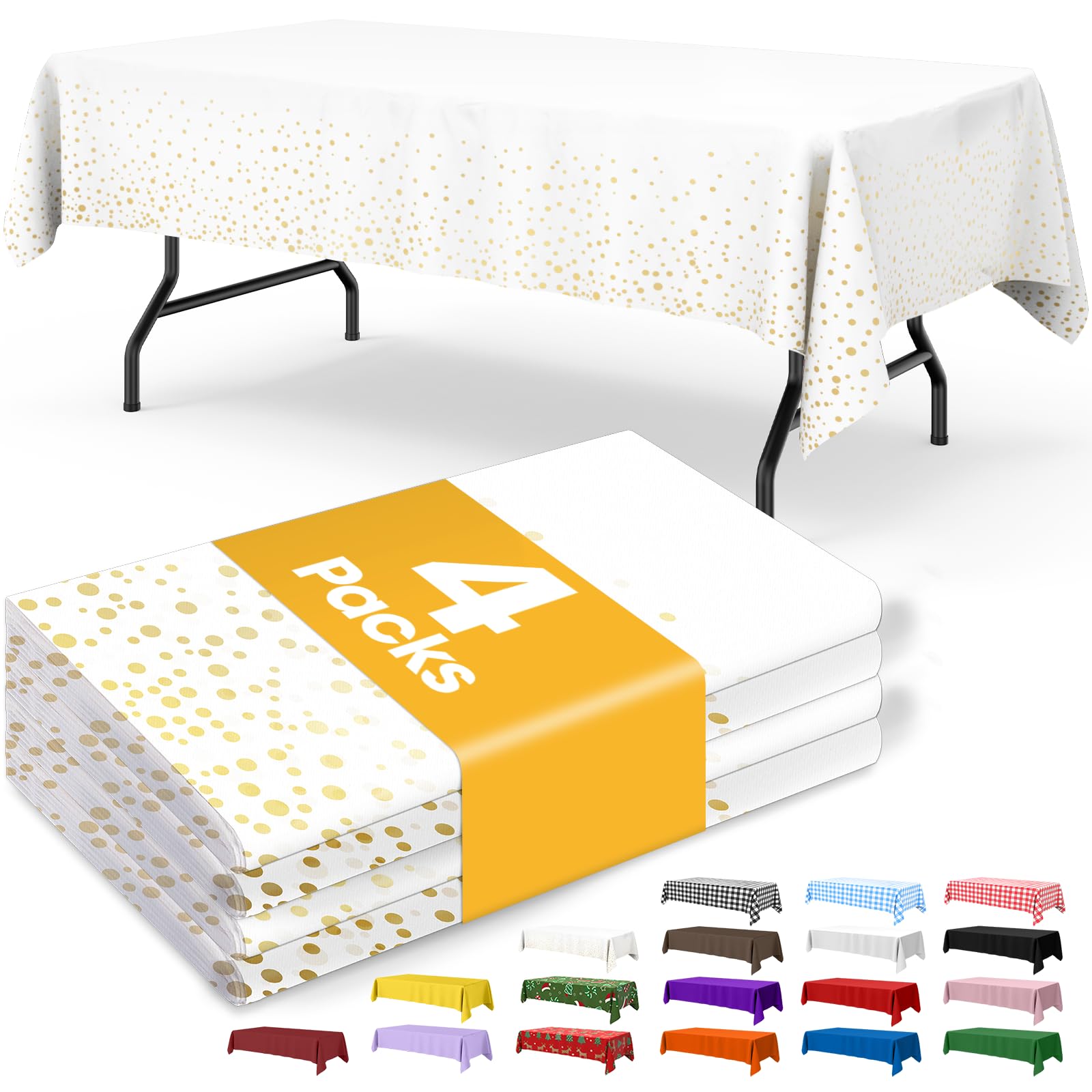 Niuara White and Gold Plastic Table Cloth Disposable, 4 Pack, 54 x 108 in