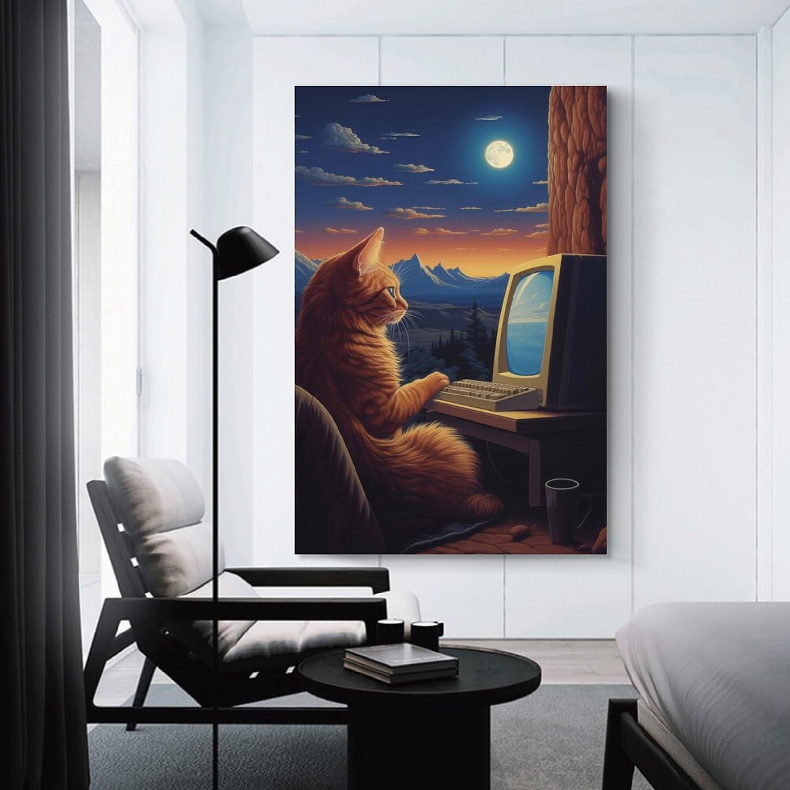 Junmoney Computer Cat Home Decor Wall Art, 24x36inch(60x90cm), for New Homes, Bedrooms Or Workspaces, Gift Idea for Housewarming And Birthdays