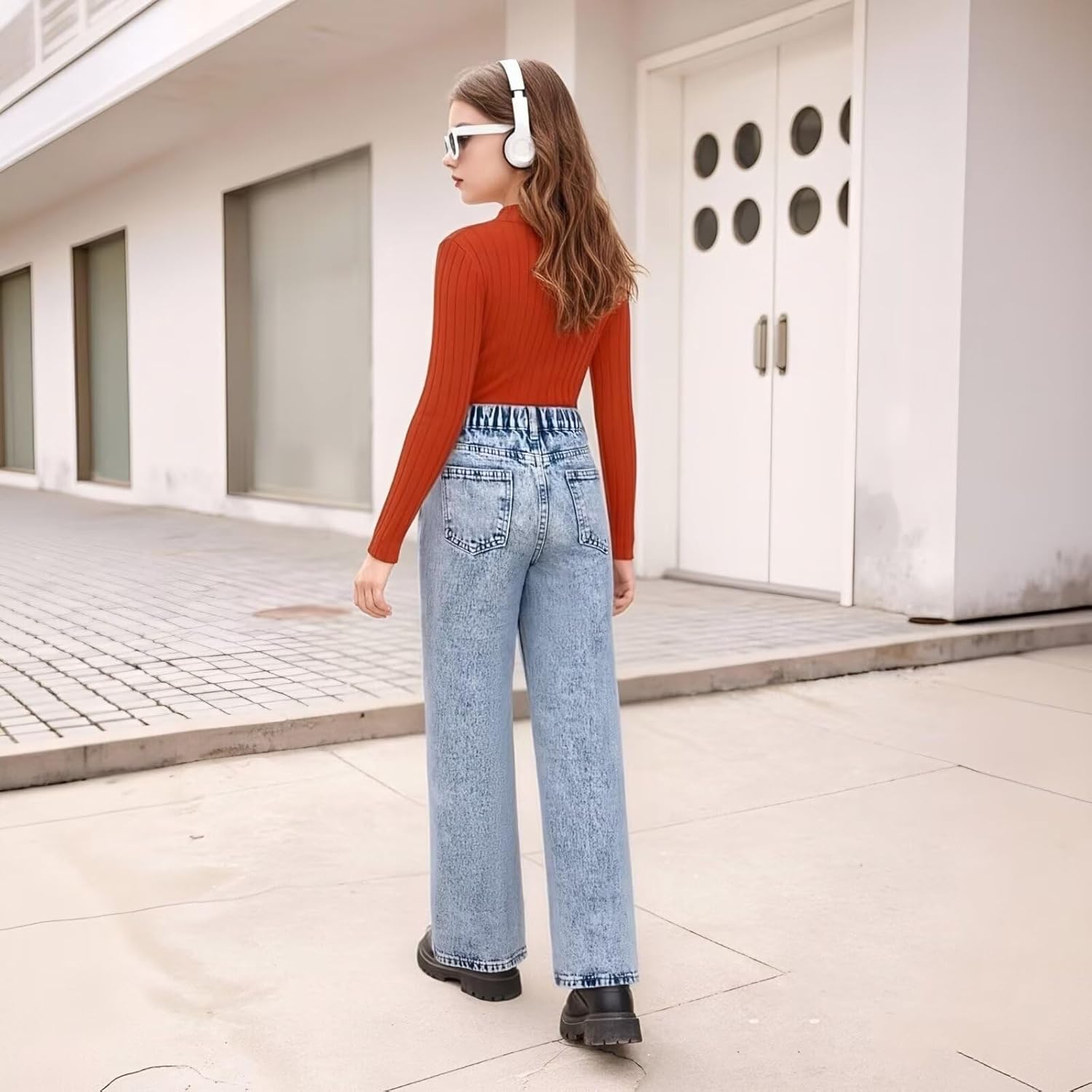 Y2K Girls Jeans Elastic Waist Wide Leg Baggy Loose Denim Pants Kids Trousers Streetwear Washed - Image 3