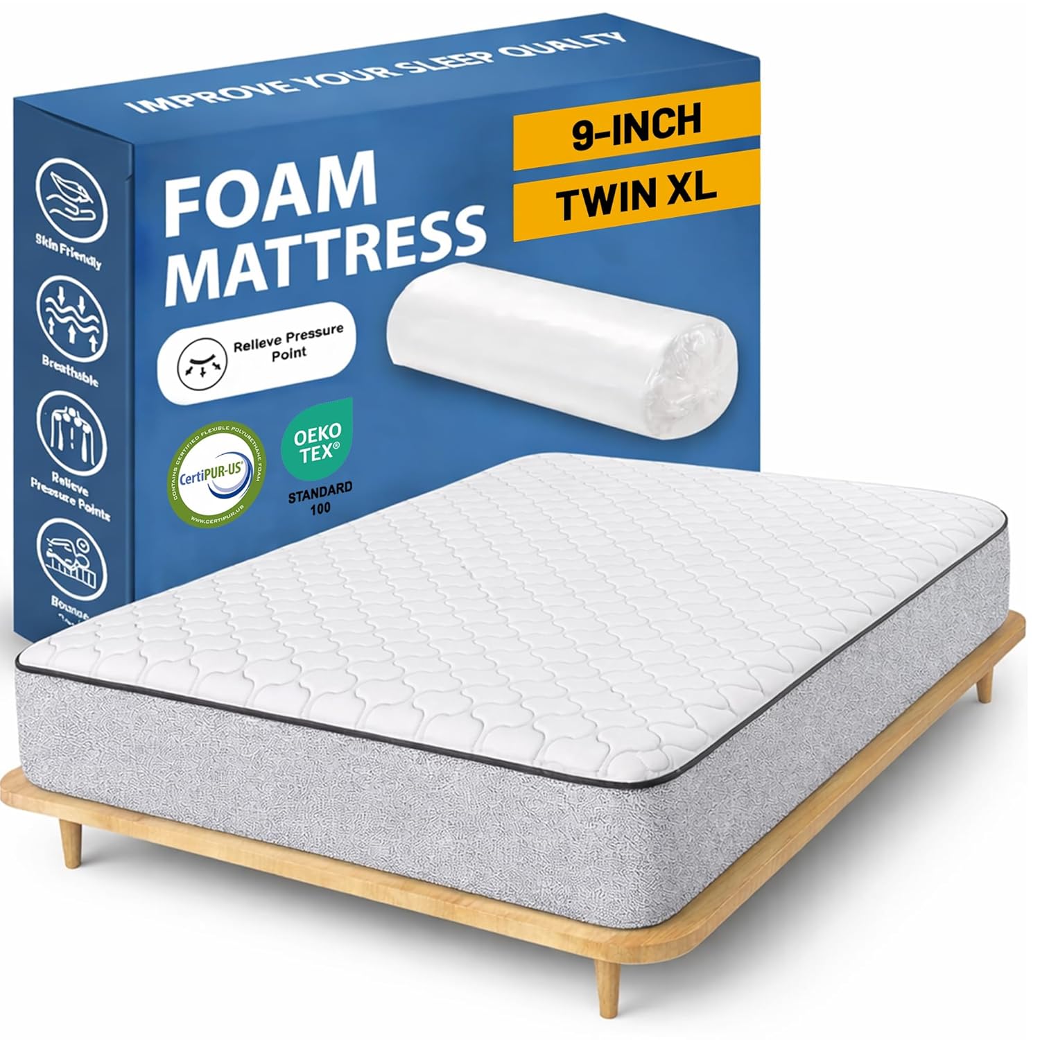 Greaton, 9-Inch Medium Firm High Density Foam Mattress, Comfortable Mattress for Cooler Sleep, Supportive & Pressure Relief, Twin XL, White
