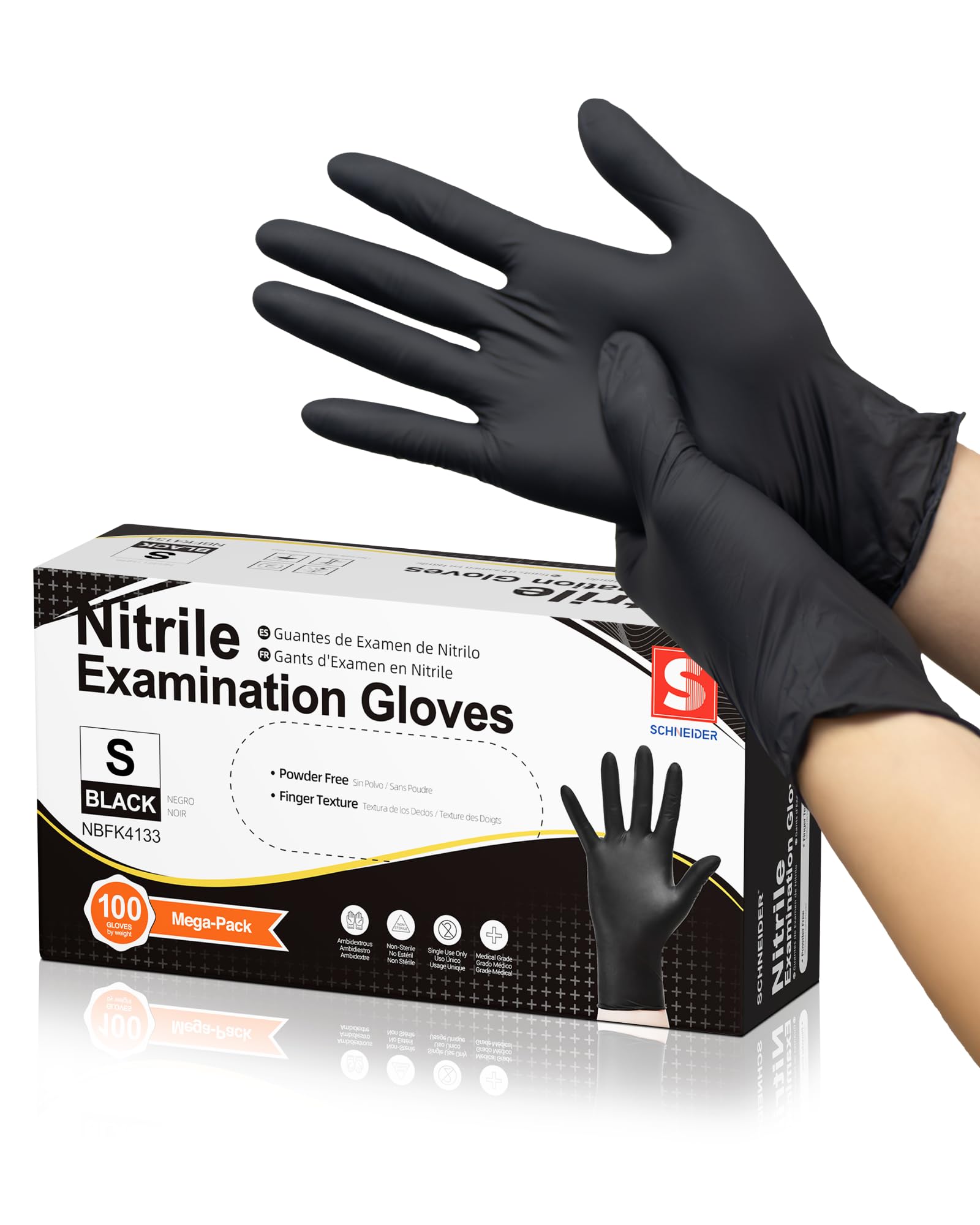Schneider Black Nitrile Gloves, Powder Free, Disposable Gloves Latex Free for Medical Exam, Food Prep & Cleaning