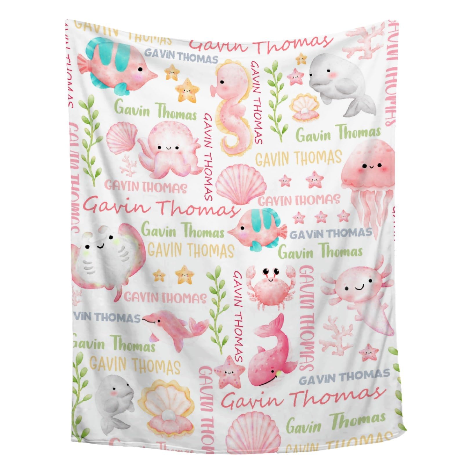 Yukisbea Personalized Baby Blanket for Boys Girls | Custom Ocean Animals Design for Sofa, Couch, Living Room, Bedroom | Personalized Name Gift | 30