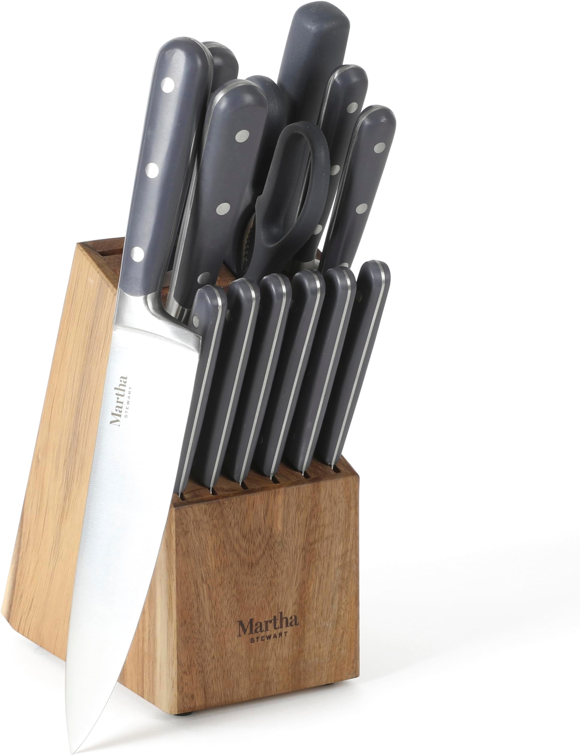 Eastwalk 14 Piece High Carbon Stainless Steel Cutlery Knife Block Set w/ABS Triple Riveted Forged Handle Acacia Wood Block - Gray