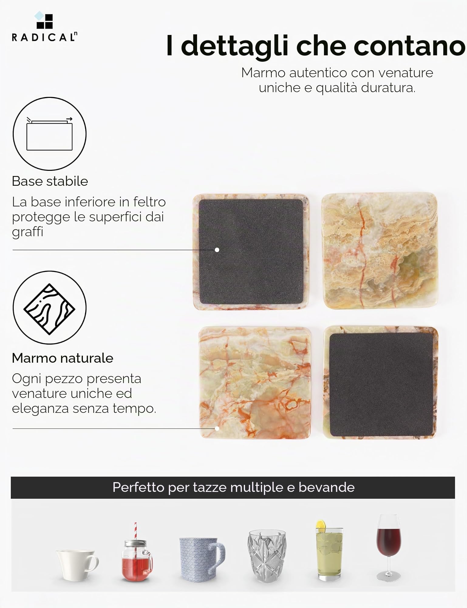 Radicaln Set di 6 sottobicchieri quadrati in marmo con supporto onice 3,5"