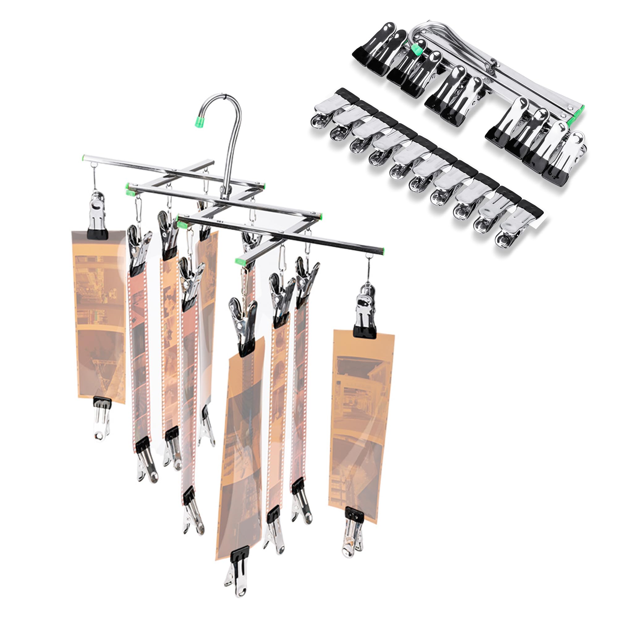 JJC 35mm 120 Negative Film Drying Hanging Rack with 10 Clips, Stainless Steel Foldable Hanger for 135 120 Format Films, Darkroom Developing Accessories