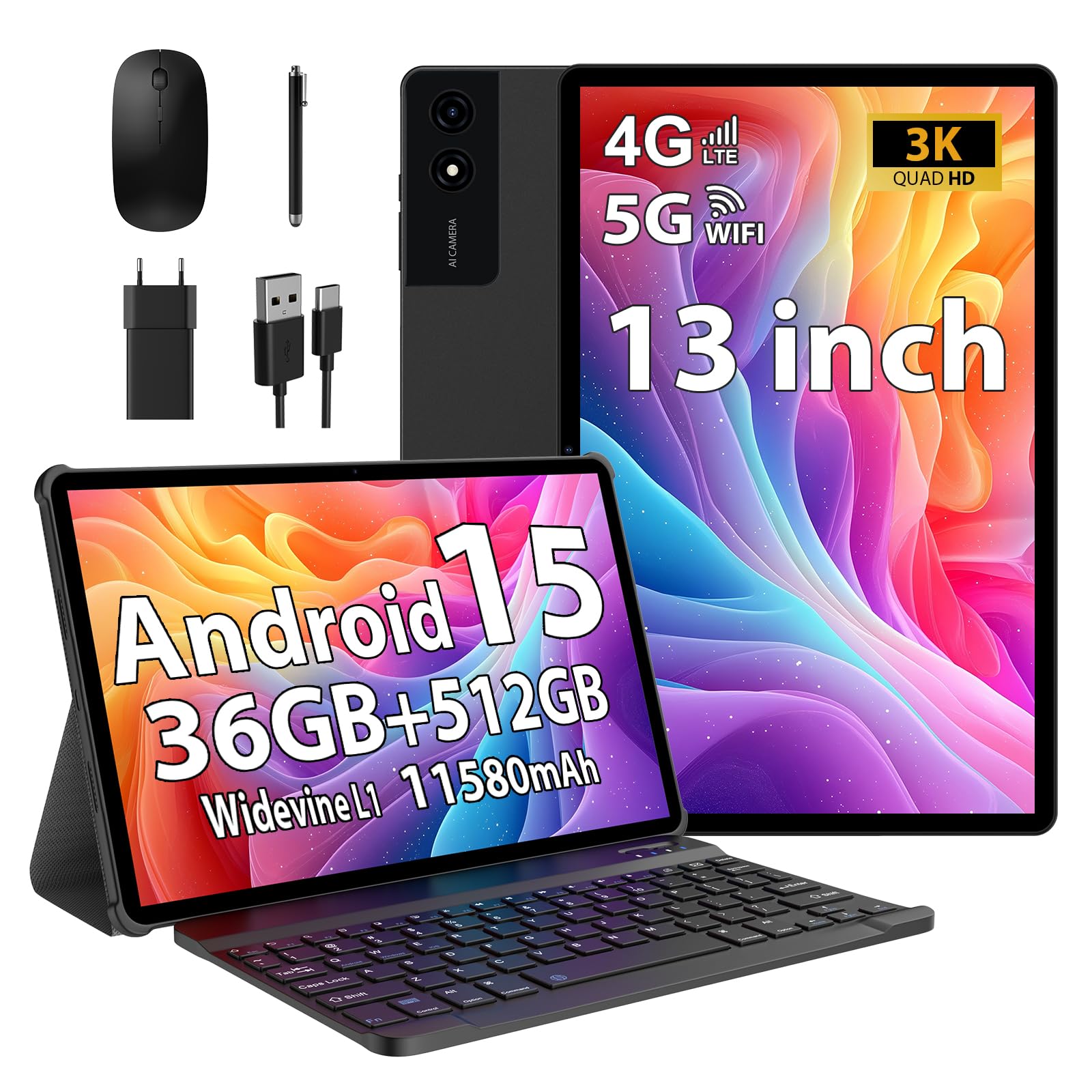 RUSHAR Tablet 13 Pollici Android 15 con 36GB RAM+512GB ROM(TF 2TB), 4G LTE & 5G WiFi, INCEL 3K HD, 11580mAh /Octa Core/Gemini AI/13MP+8MP/90Hz/18W/GPS/Widevine L1/BT5.0, Tablet con Tastiera, Nero