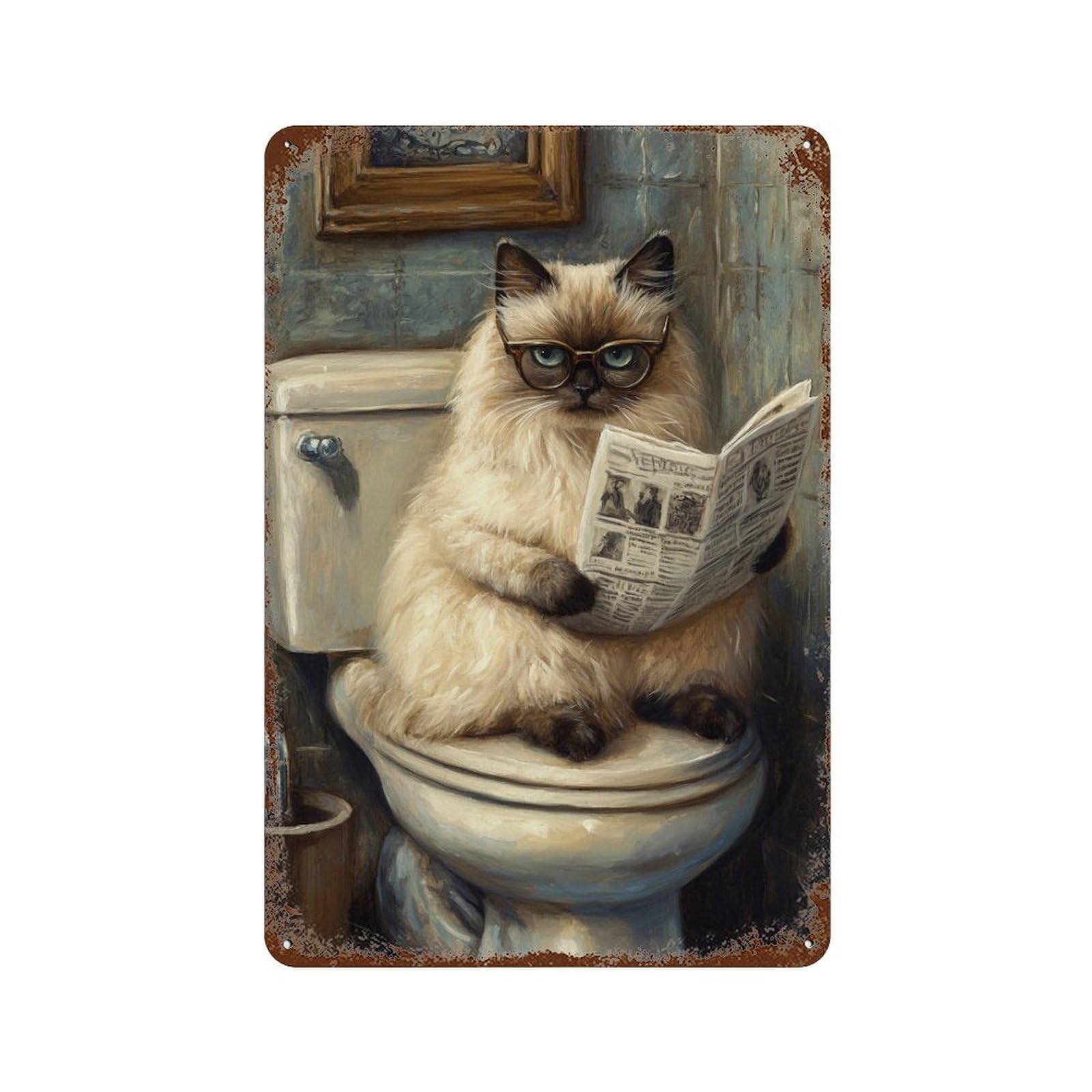 Garage Style Cat Reading Newspaper on Toilet-3 Weathered Tin Sign 11.8"x7.9", Classic Wall Plaque for Bar And Workshop