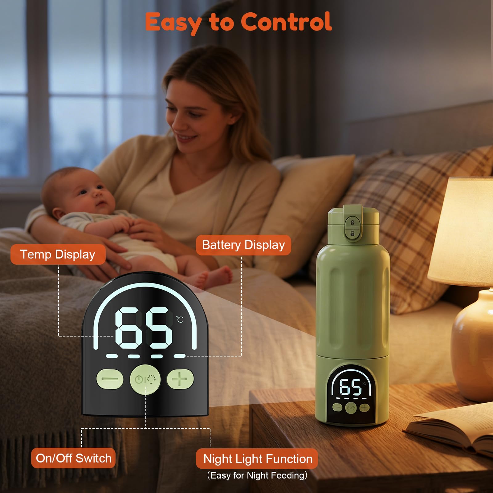 Scaldabiberon, Riscaldamento Rapido e Lunga Durata della Batteria 12000mAh, Controllo della Temperatura, 500ml Scaldabiberon per Tutto il Giorno per Latte Materno, Formula o Acqua (Verde)
