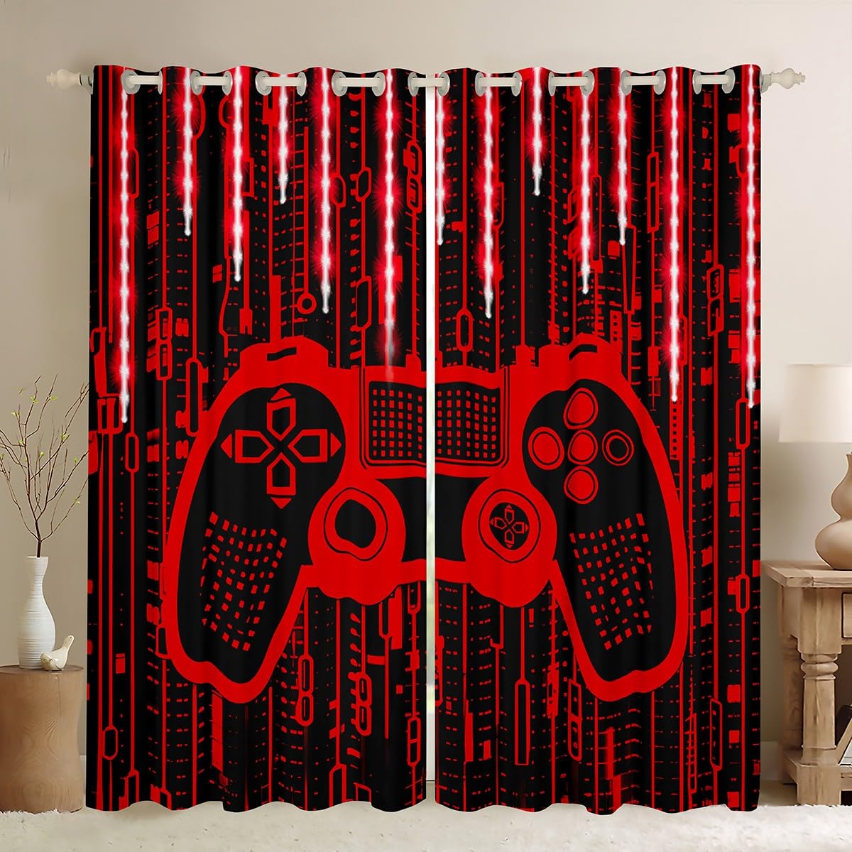 Feelyou Kids Boys Red Gamer Window Curtains Light 3D Gaming Darkening Drapes Gamer 30%-50% Blackout Curtains for Gamepad Window Treatments Modern Game (2 Panels, 38 x 45 Inch)