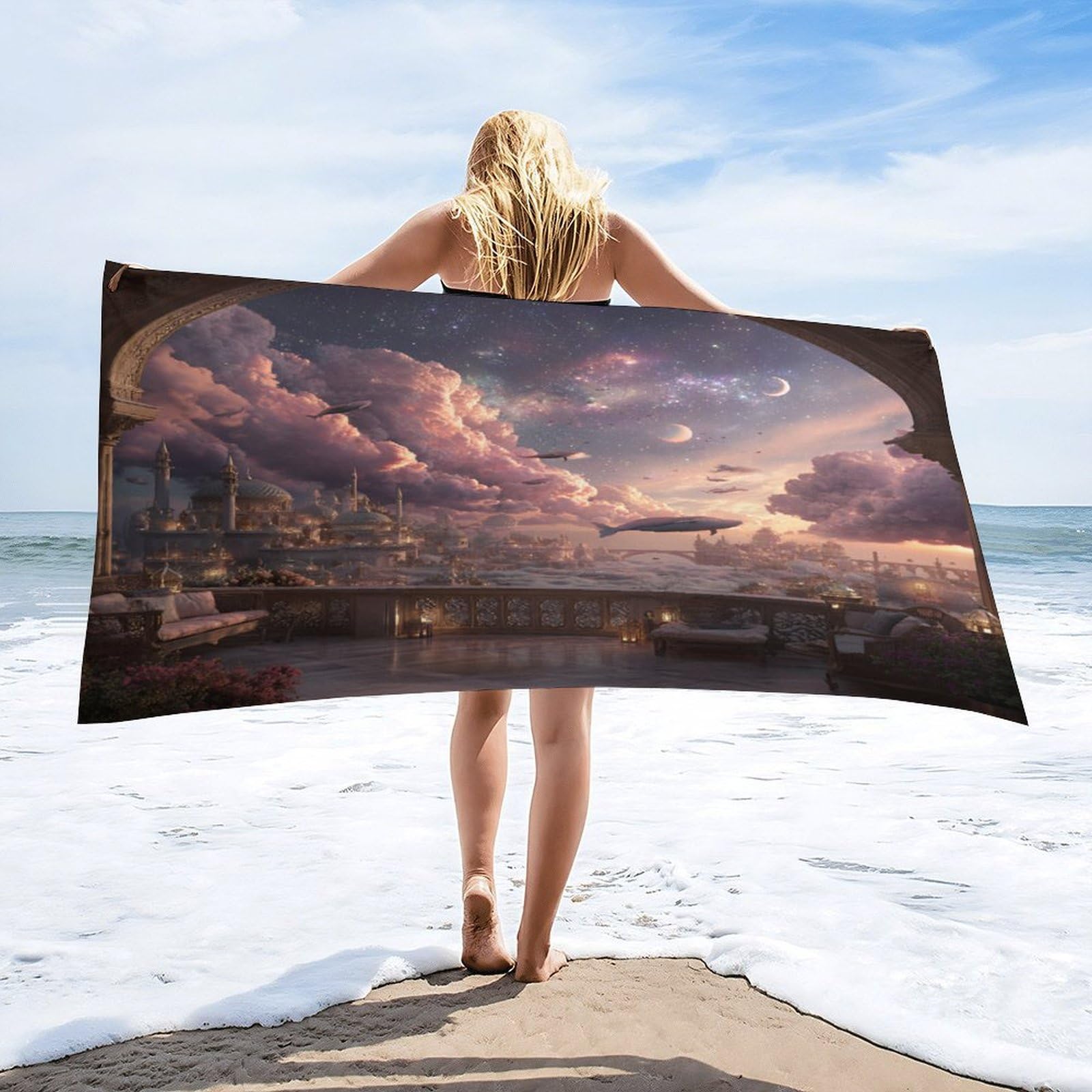Luyysky Fantasy Abstract Animal Whale Absorbent Beach Towel, Retro Oil Painting Starry Sky Galaxy Castle Bird Cloud Pattern Outdoor Single-Sided Velvet Beach Towel-80 W Cm X 160" L Cm