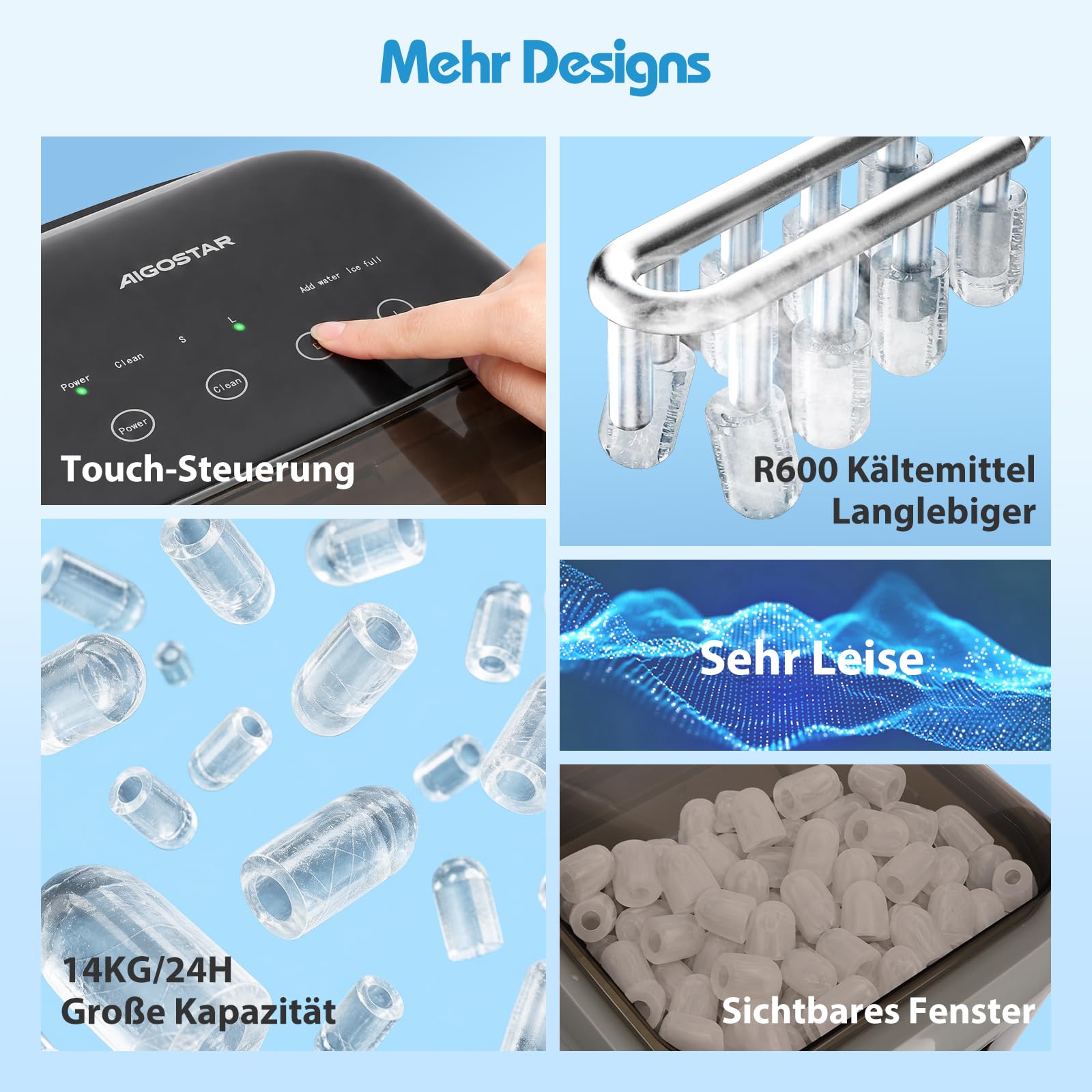 Aigostar Klein Eiswürfelmaschine 1,5L, 130W Doppeldeckel Eiswürfel Maschine, 9 Eiswürfel in 6 Mins, 14kg/24h, 2 Eiswürfel Größen, Selbstreinigend Ice Maker, Eisbehälter voll & Wassermangelwarnung