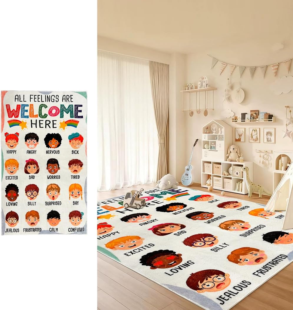 3 ft x 5 ft Calming Corner Items Calm Down Classroom Rug Feelings Chart Emotion Reading Corner Soft Fluffy Mental Health Rug Anti-Skid Floor Mat for School Living Bedroom Playroom (Rectangular)
